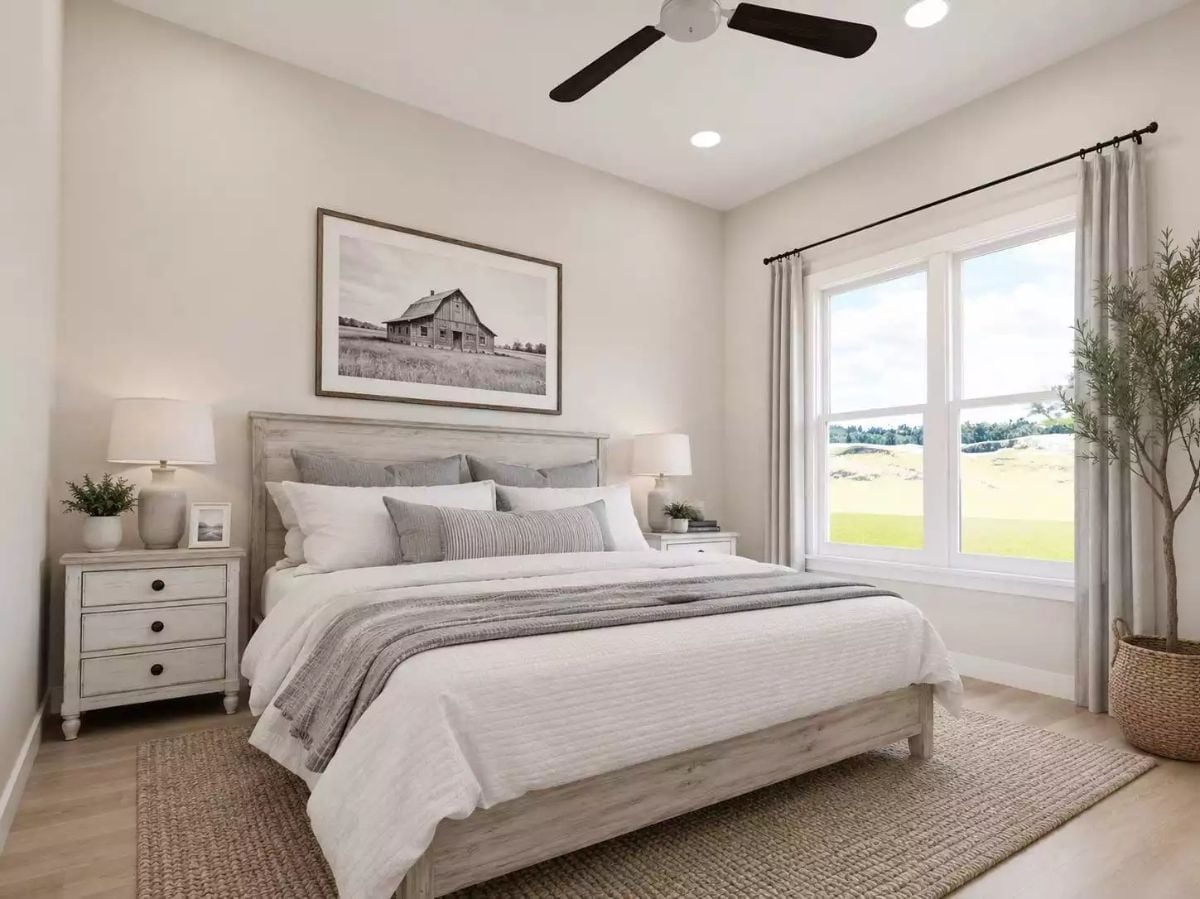 Reclaimed Wood Headboard, Barn Photo Above It — Farmhouse Bedroom Done Without Trying Too Hard