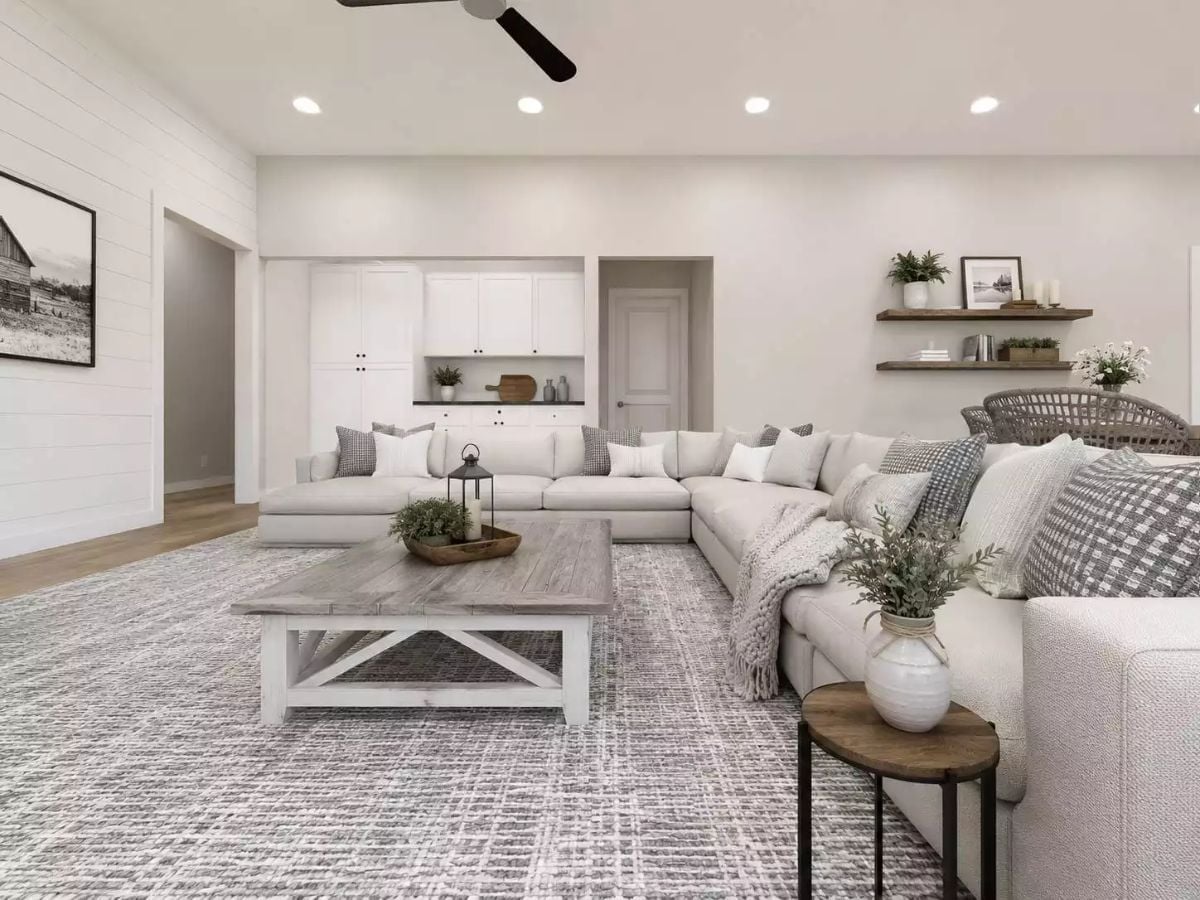 Shiplap, a Sectional, and Floating Shelves Walk Into a Room That Actually Works