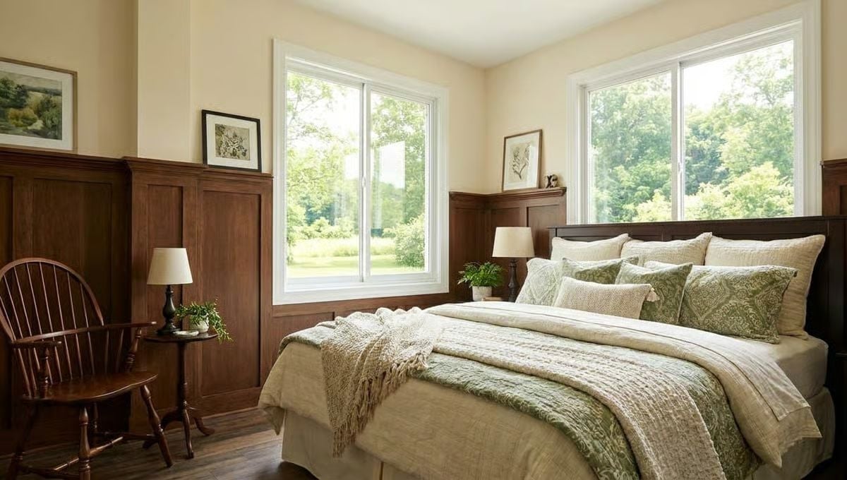 Dark Wainscoting and Linen Bedding Pull This Bedroom in Two Directions at Once