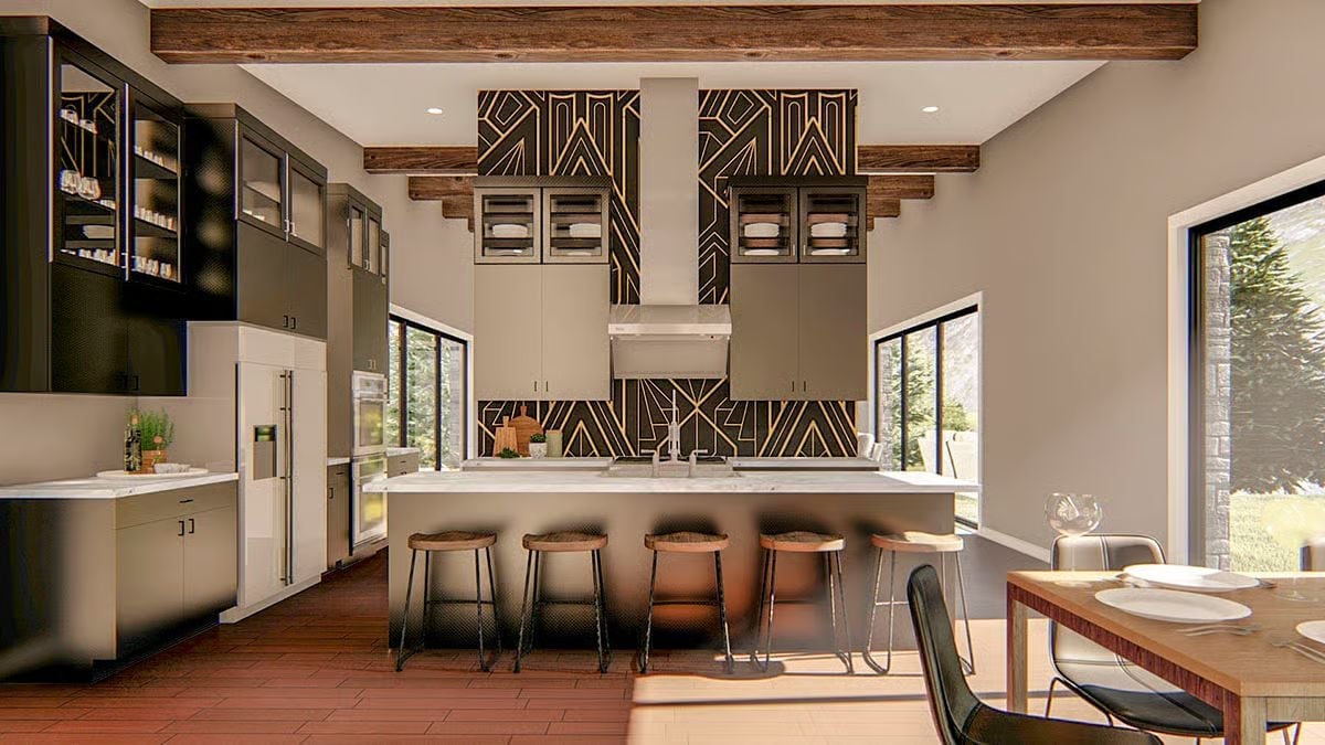 Art Deco Backsplash Doing Heavy Lifting in an Otherwise Quiet Kitchen