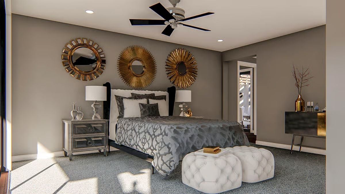 Gold Sunburst Mirrors and a Bed That Doesn't Need Much Help