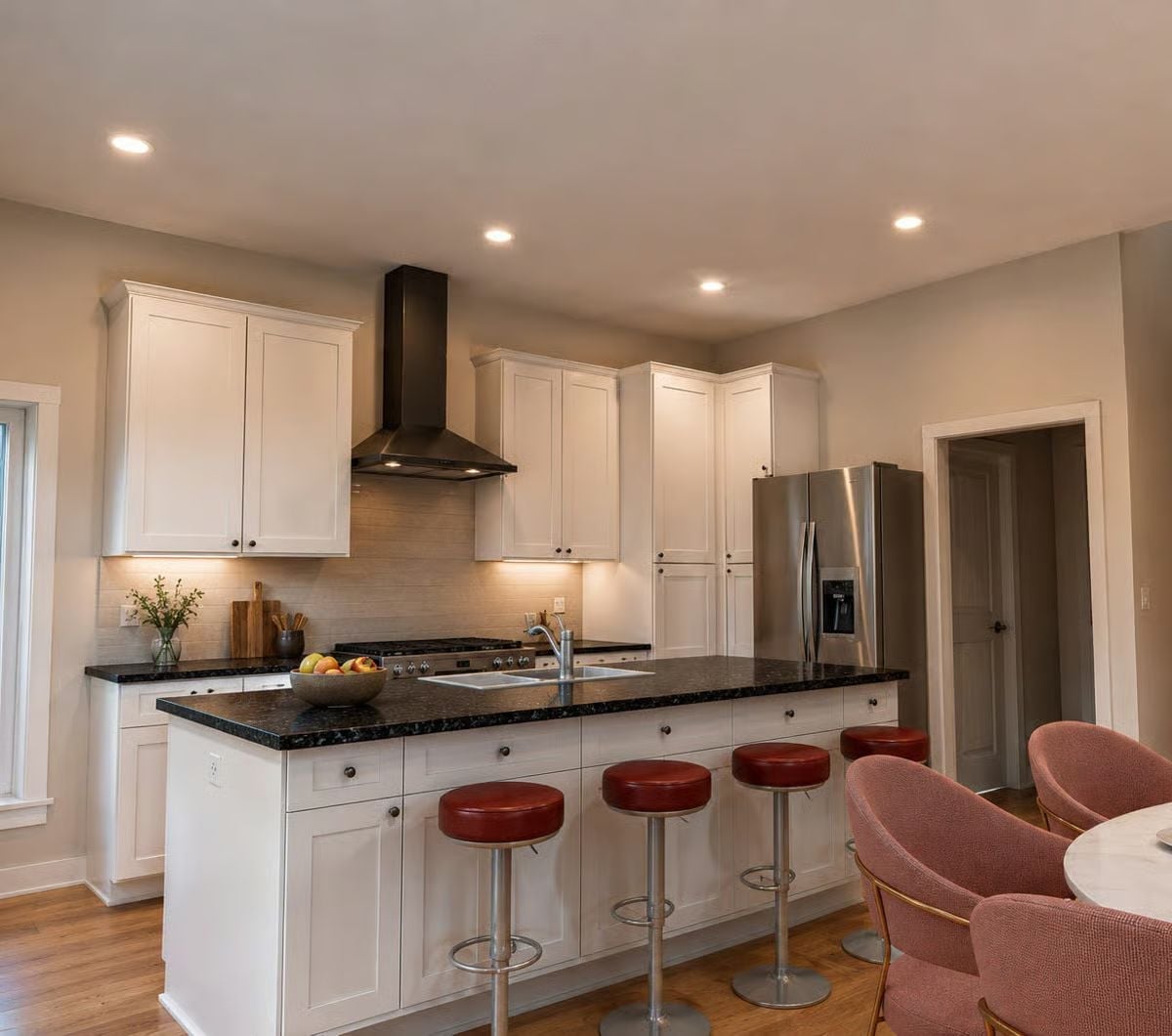 Black Granite, Red Stools, and a Range Hood That Means Business