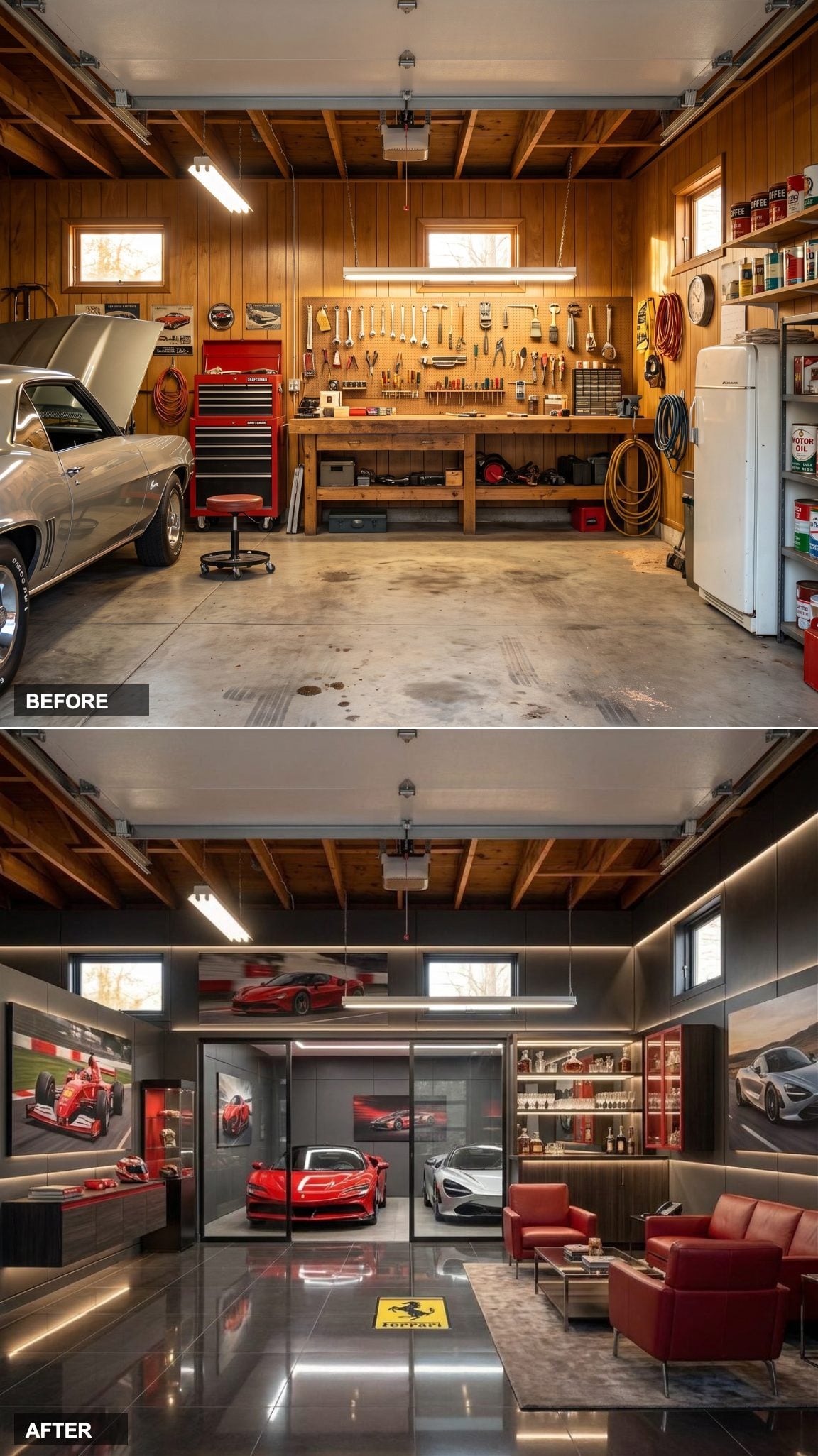 Supercar Lounge with Porcelain Floors, Ferrari-Red Accents, and a Whiskey Bar