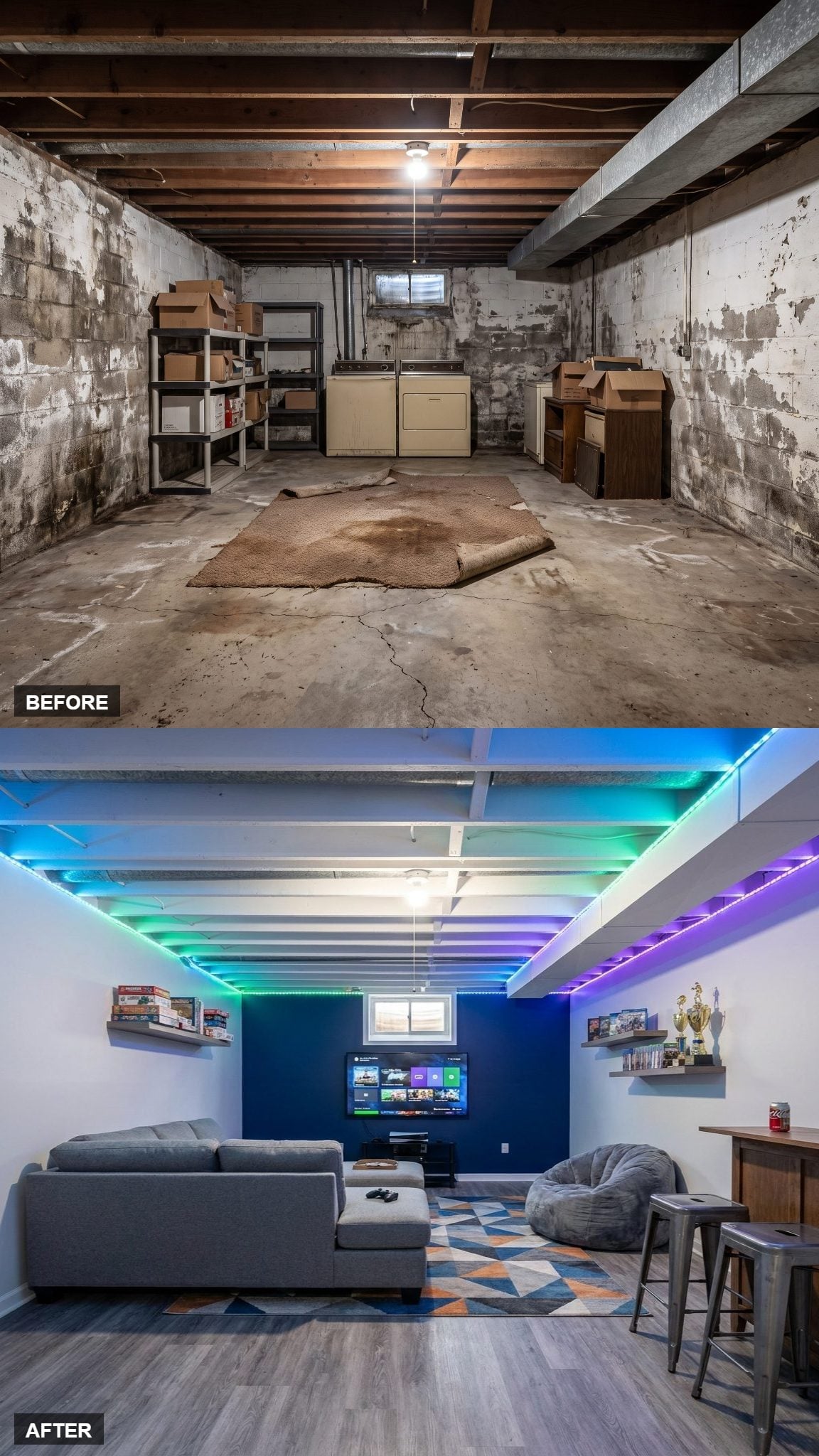 Teen Hangout in Navy and LED With a Gaming Wall