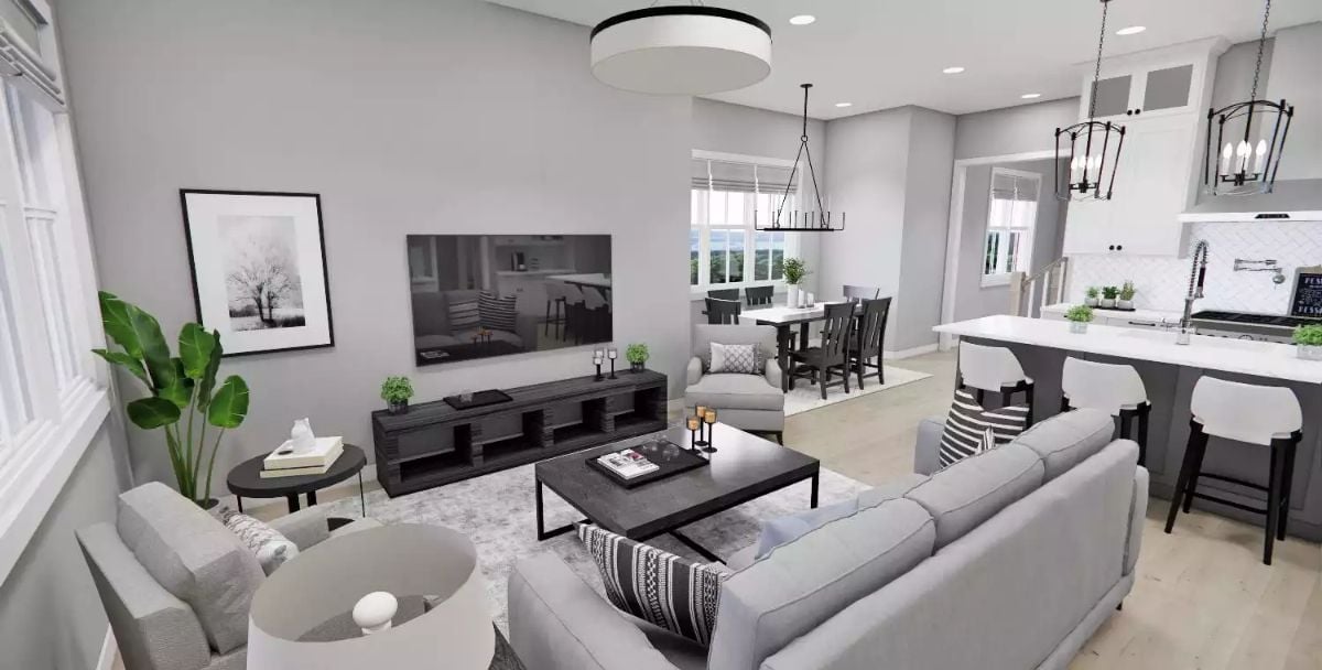 Gray and Black Living Room Pulls Three Spaces Into One Without Trying Too Hard