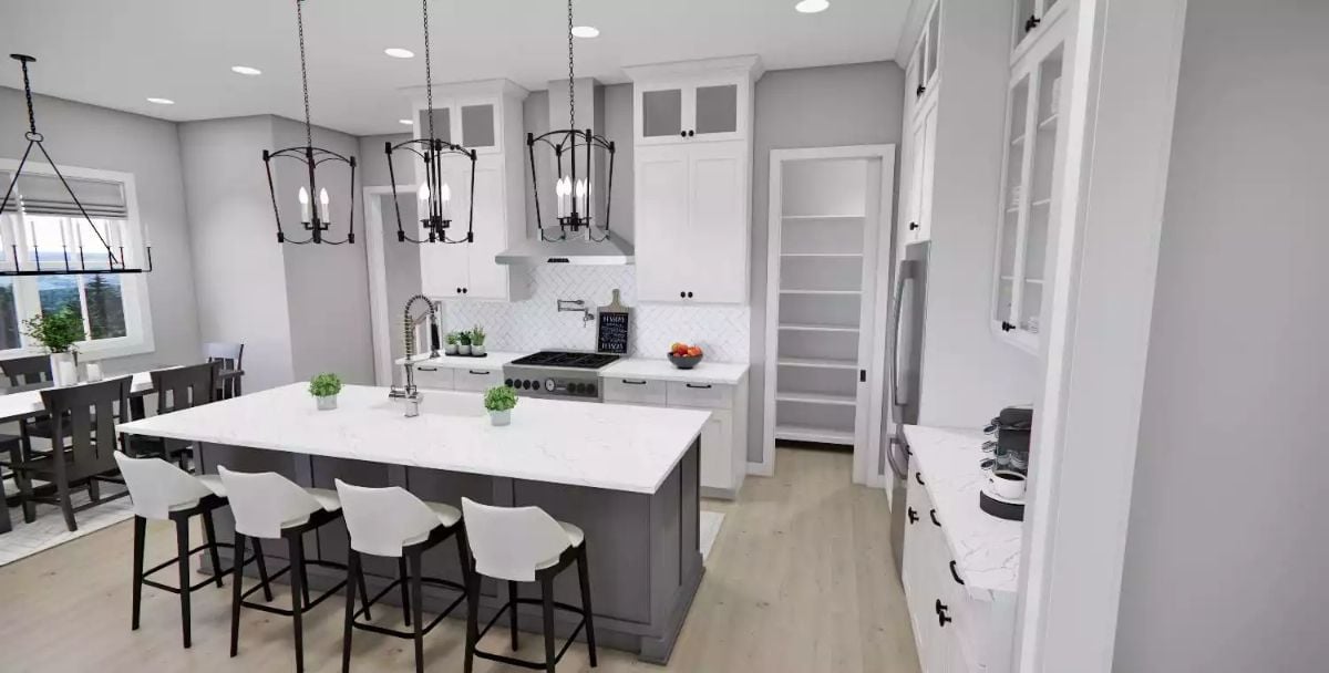 Gray Island, White Counters, Black Hardware — Kitchen Gets the Contrast Right