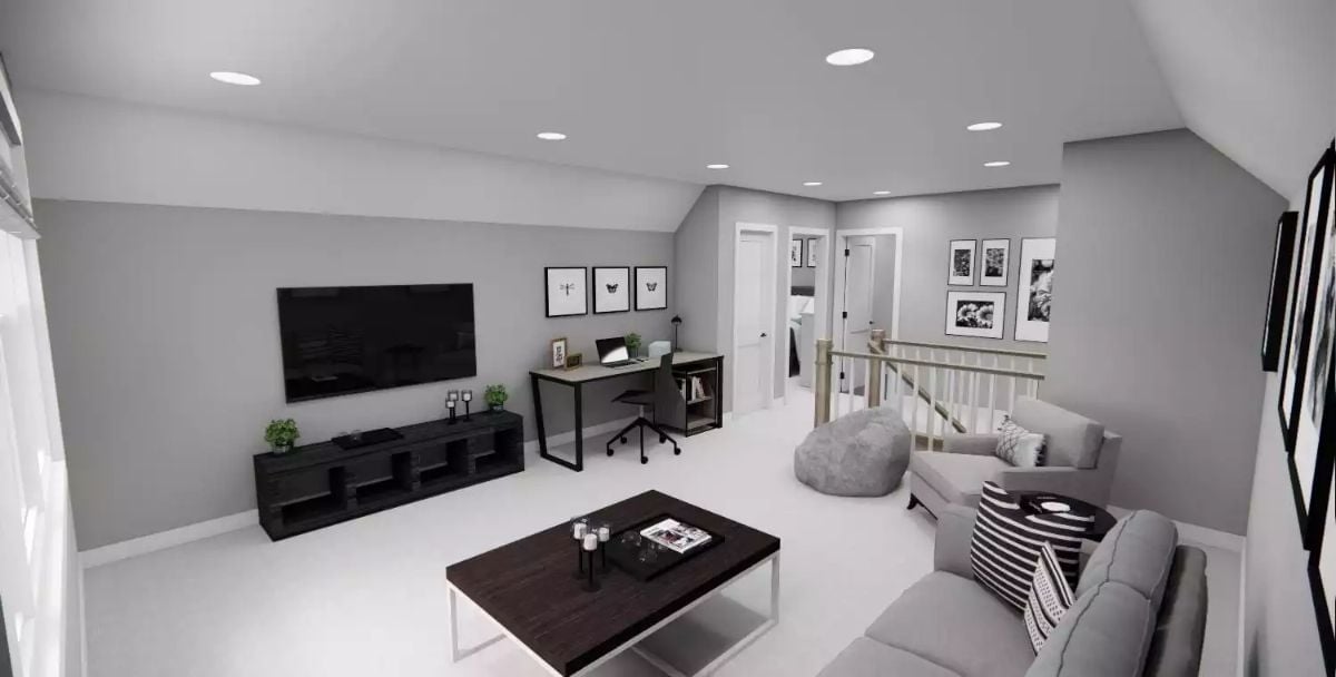 Loft Space With a Work Desk and Media Wall Earns Its Square Footage Twice
