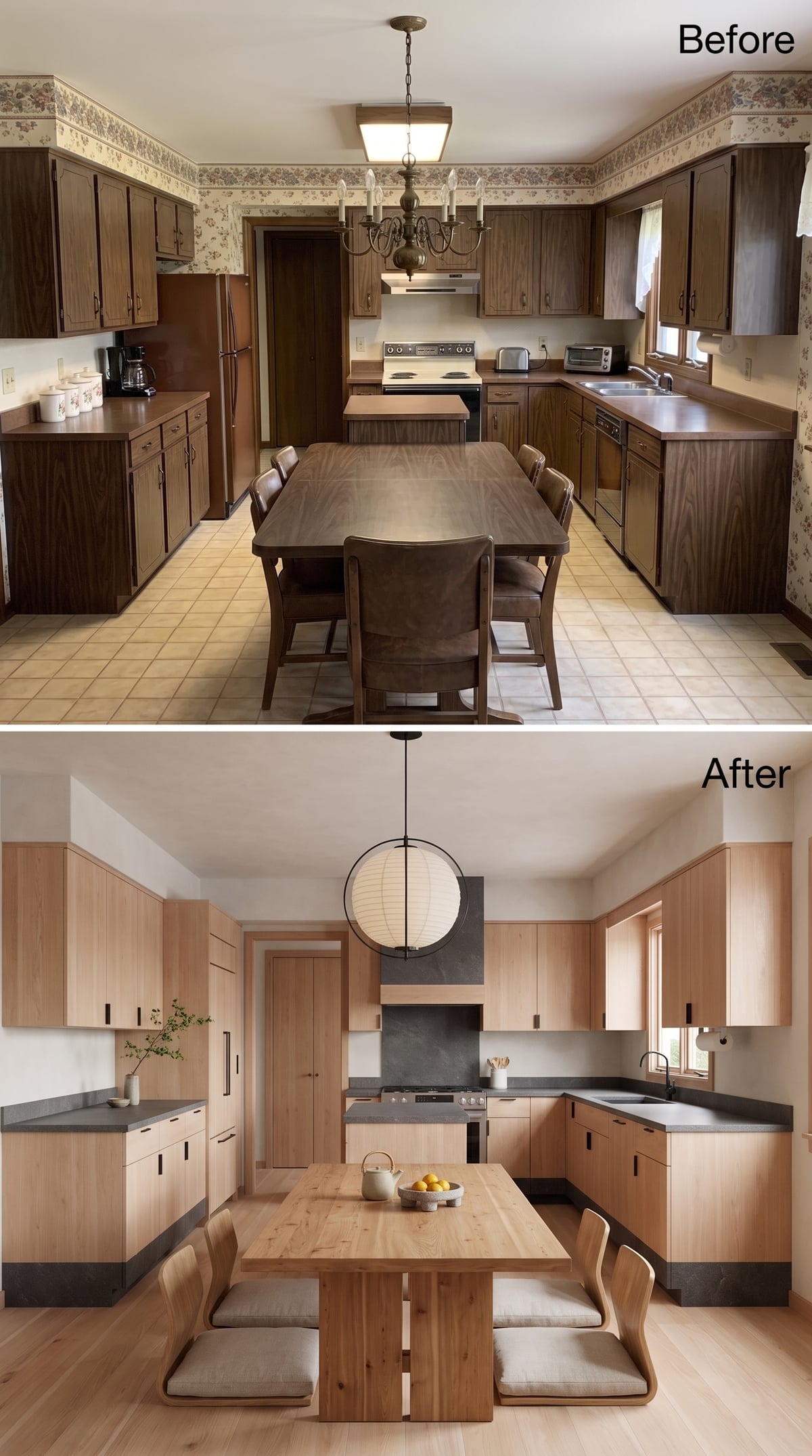 Bare Oak Cabinets, Slate Counters, and a Paper Globe Pendant Quietly Redefined This Space