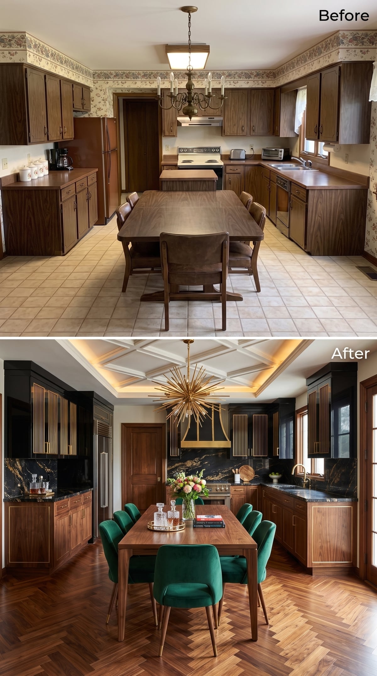 Black Cabinets, Gold Trim, and Emerald Velvet Made This Kitchen Hard to Leave