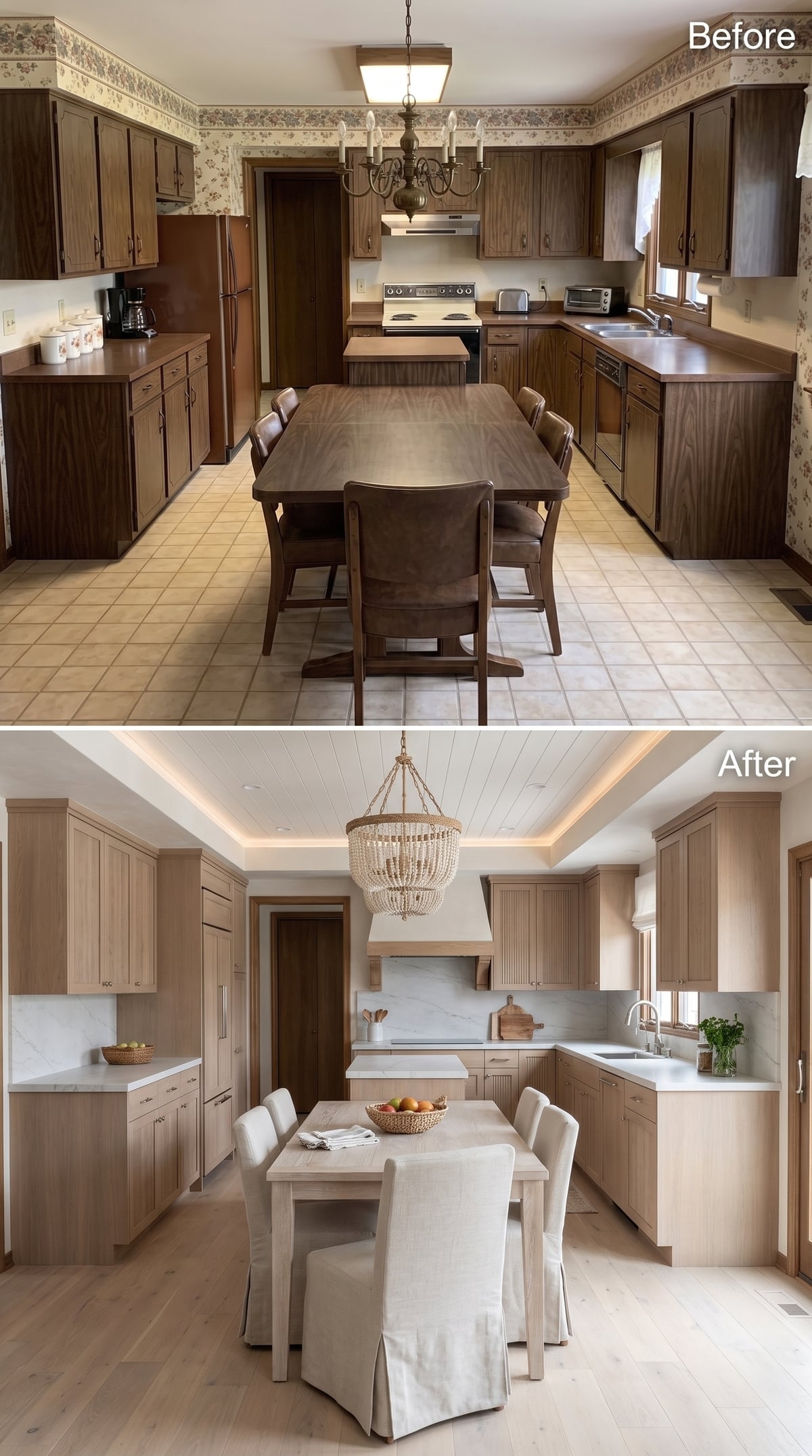 Bleached Oak, Marble, and a Beaded Chandelier Turned This Kitchen Airy