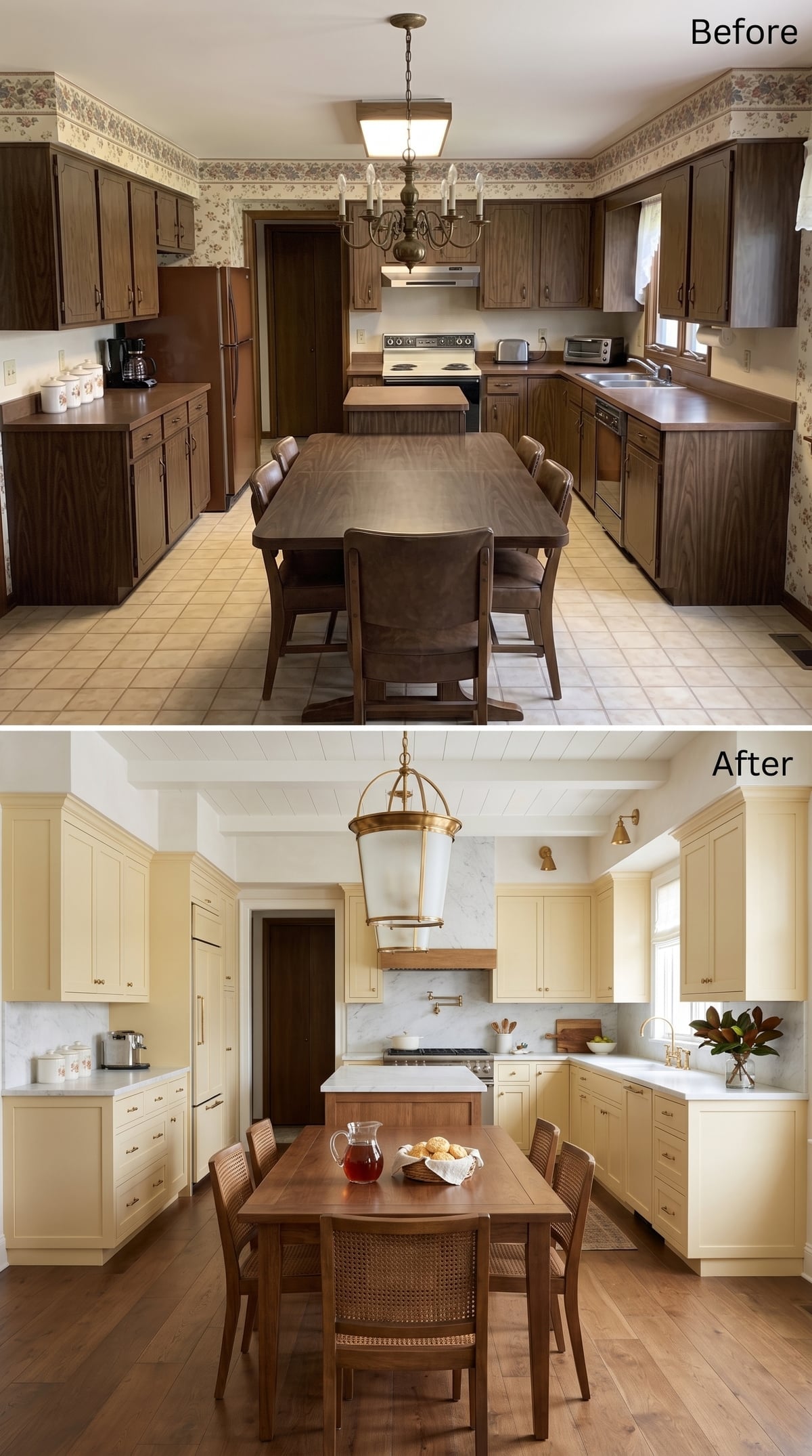 Butter-Yellow Cabinets, a Brass Lantern Pendant, and Cane Chairs Rewrote the Whole Register