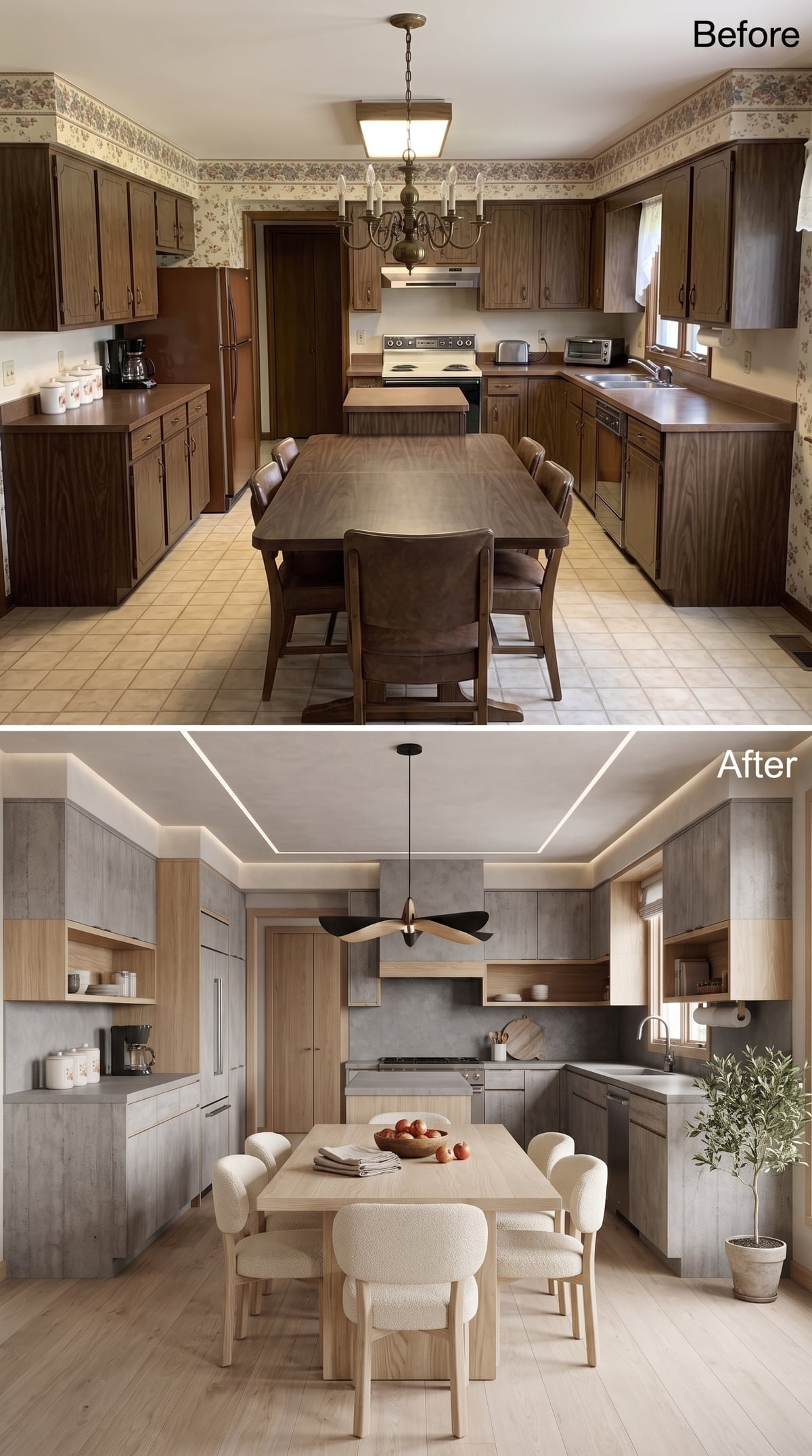 Concrete-Look Cabinets, Bouclé Chairs, and Cove Lighting Made This Kitchen Feel Inevitable