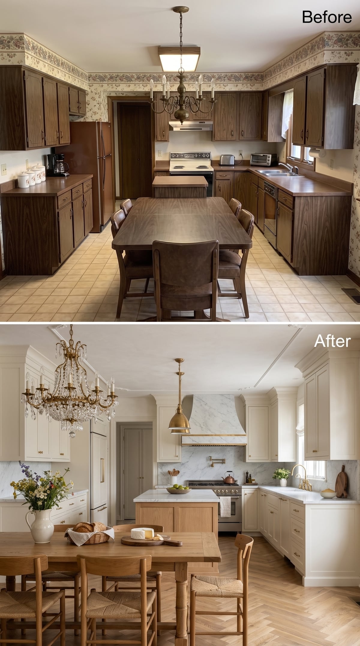 Cream Cabinets, an Oak Island, and Crystal-and-Brass Lighting Gave This Kitchen a New Identity