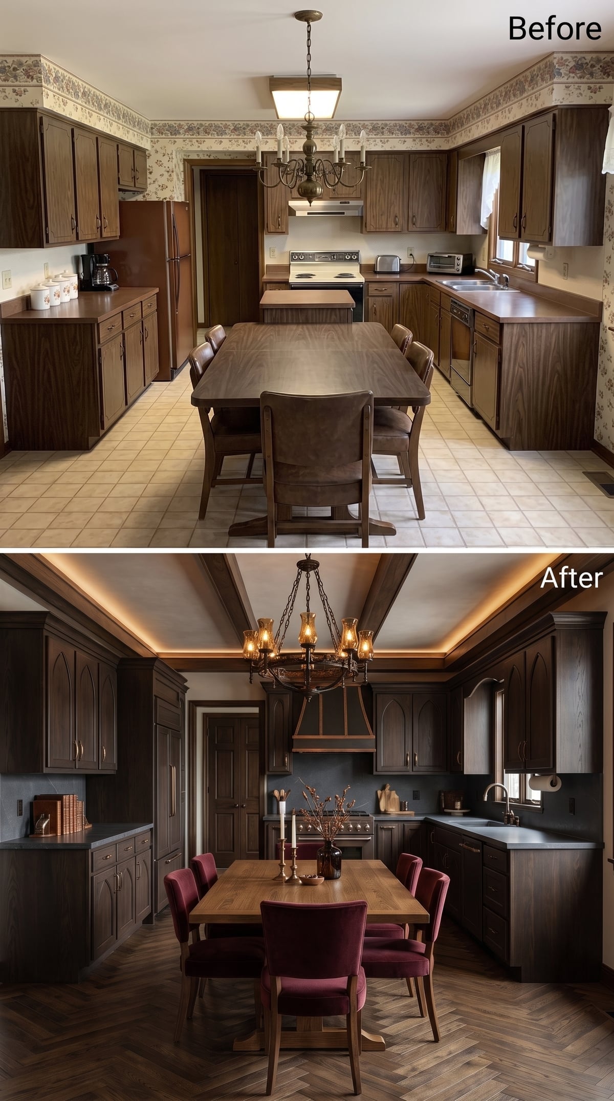 Dark Walnut Cabinets, Crimson Velvet Chairs, and Herringbone Oak Rewrote the Rules Here