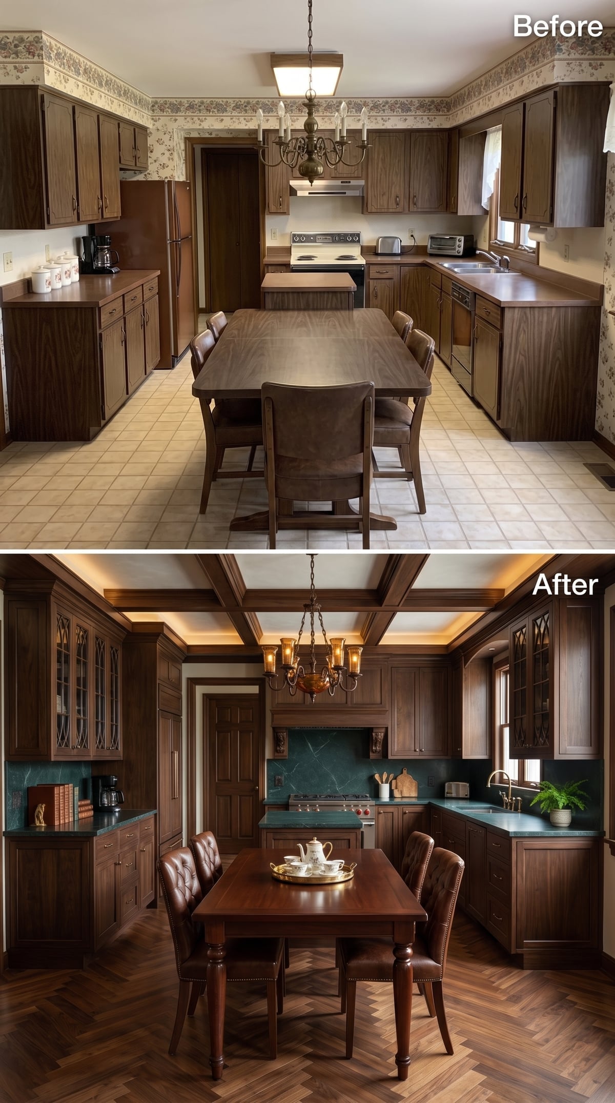 Dark Walnut, Teal Stone, and a Candle-Style Chandelier Made This Kitchen Worth Staying Home For
