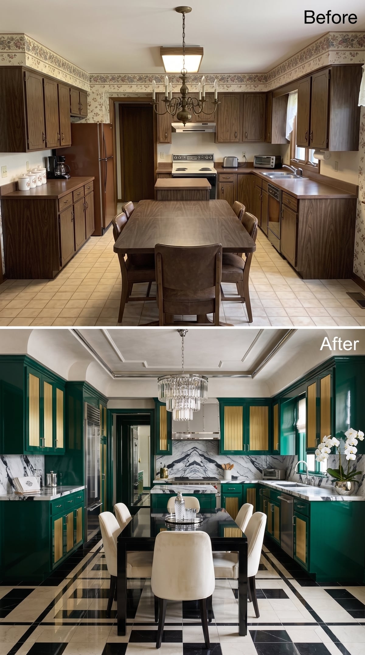 Emerald Lacquer, Fluted Gold Inserts, and a Crystal Chandelier Pulled This Kitchen Into Another Era