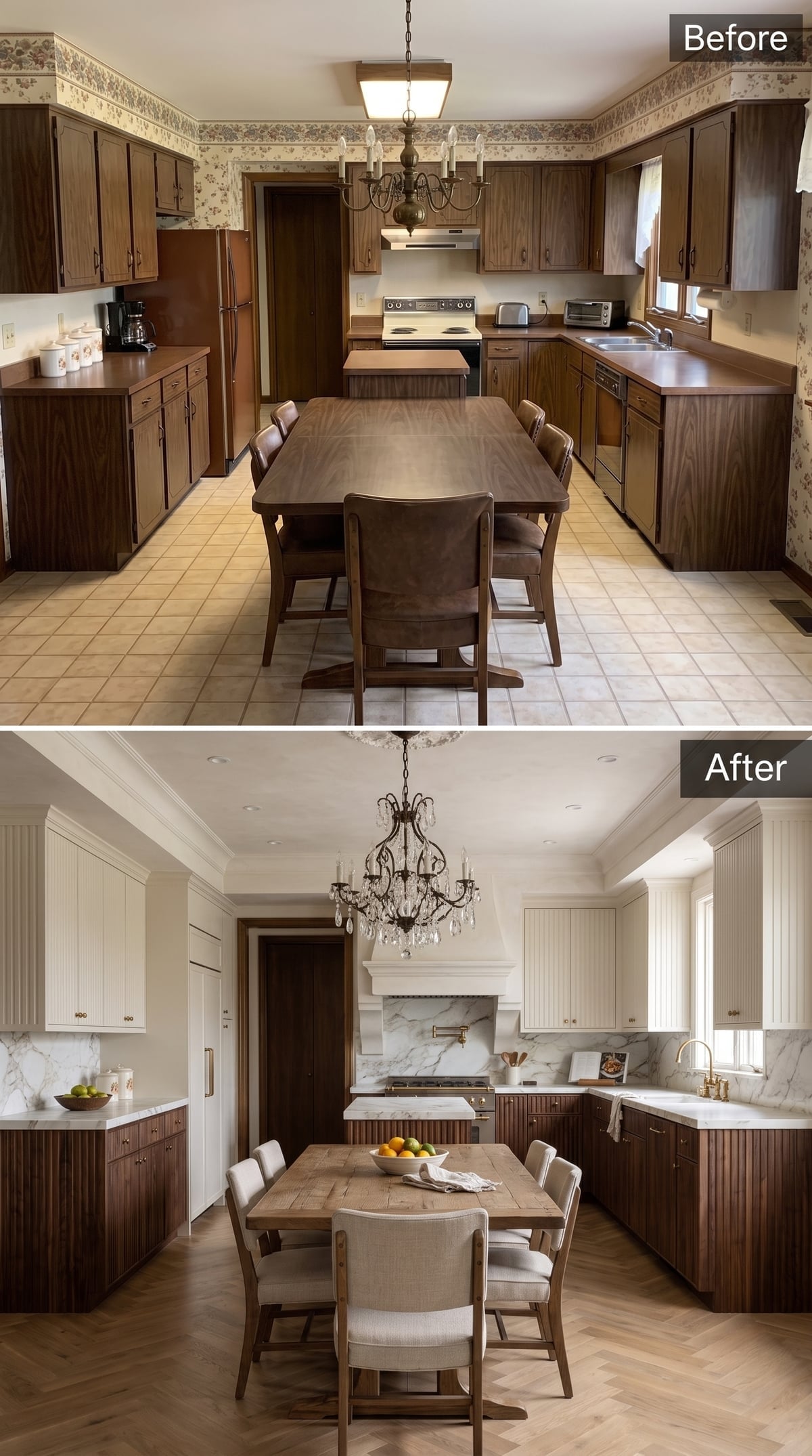 Fluted Walnut Lowers, a Crystal Chandelier, and Marble Backsplash Rewired This Kitchen's Entire Register