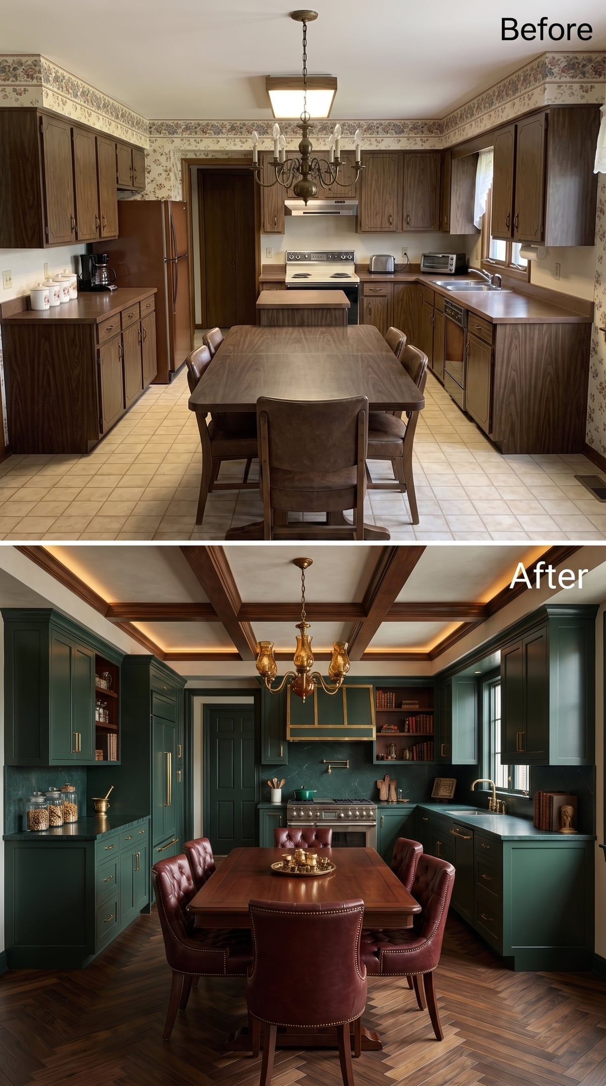 Forest Green Cabinets, Brass Hardware, and Leather Chairs Turned This Kitchen Into Something Else Entirely