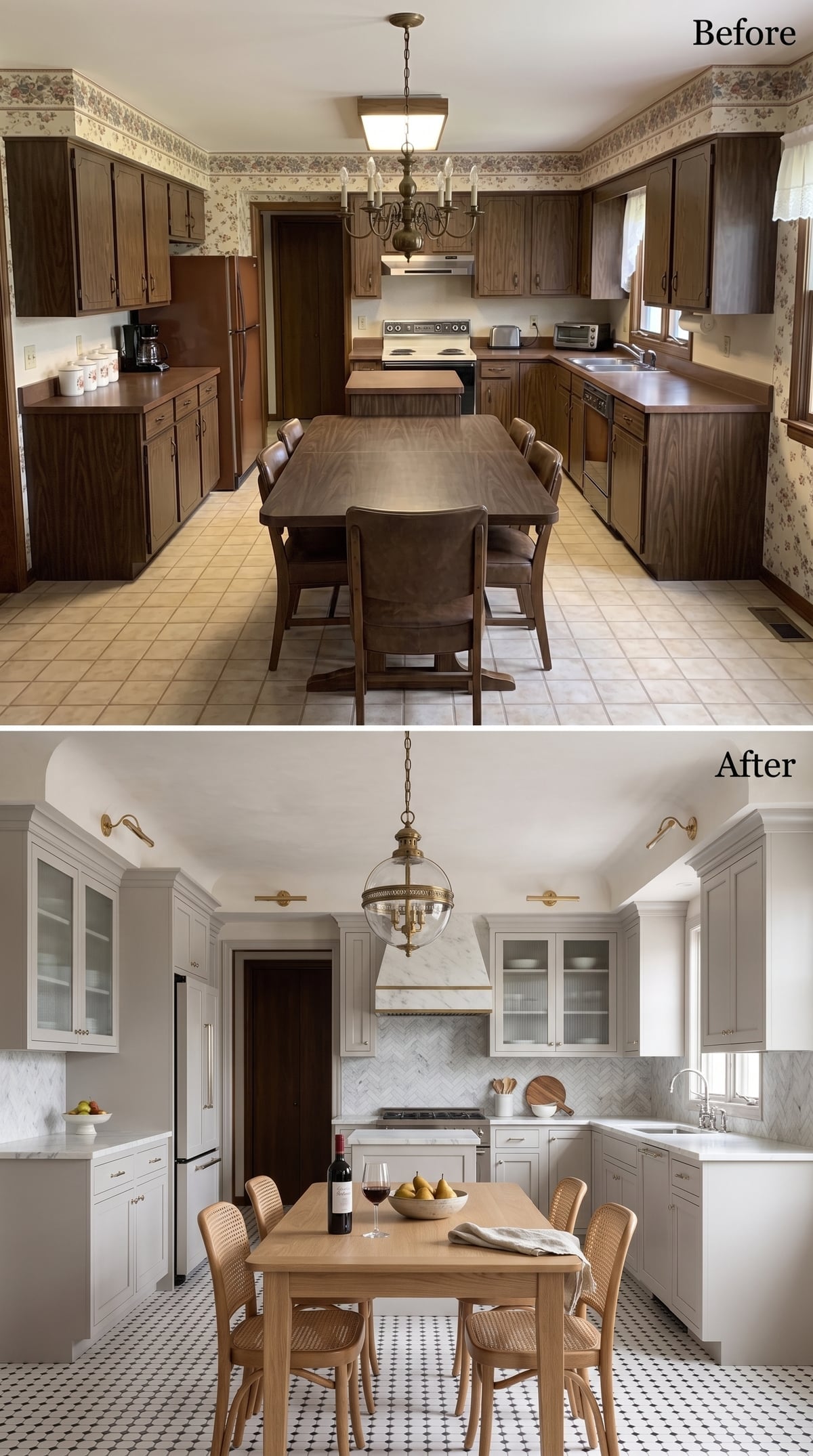 Gray Inset Cabinets, Herringbone Marble, and Cane Chairs Found the Right Balance