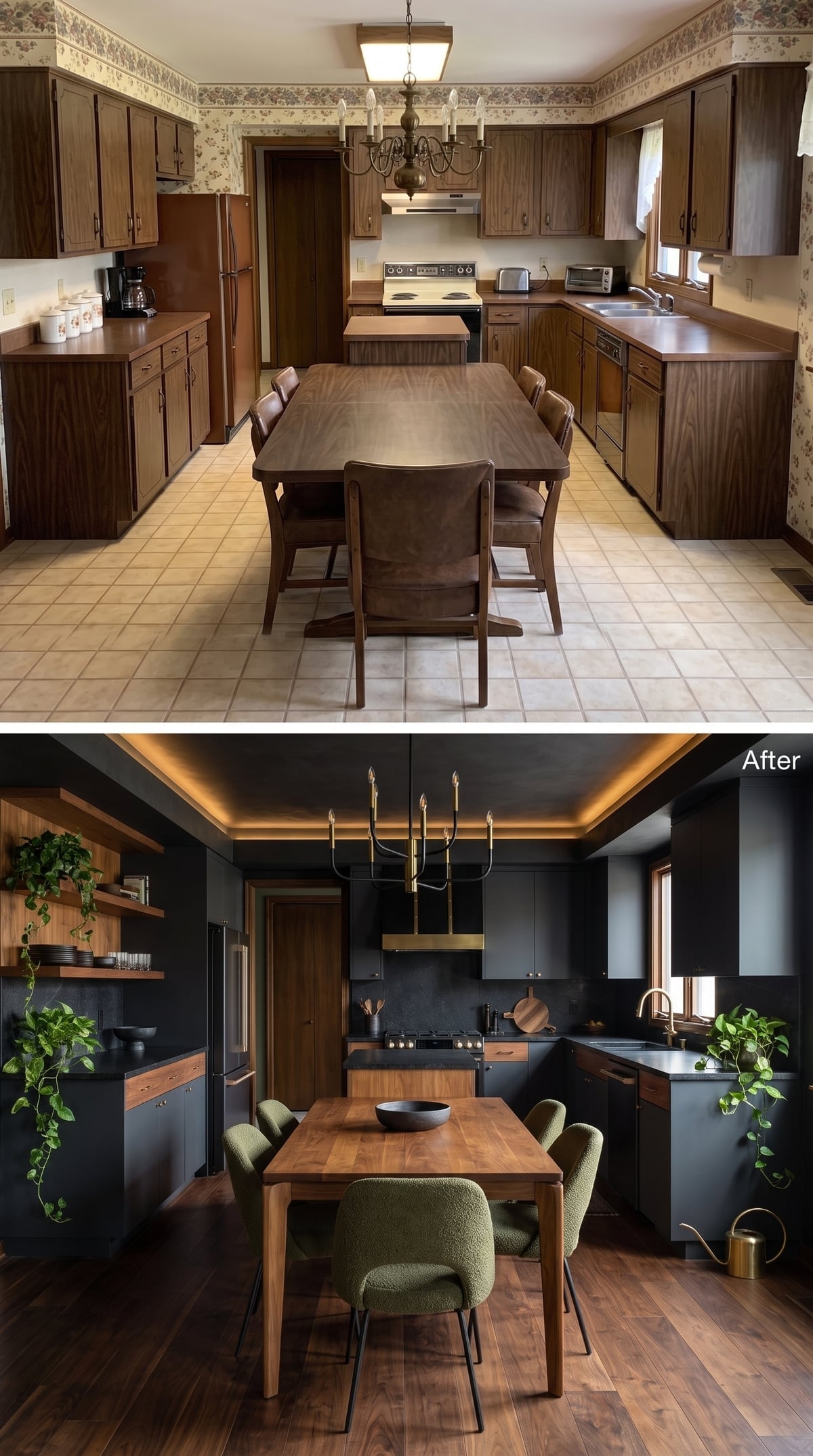 Matte Black Cabinets, Brass Fixtures, and Bouclé Chairs Made Dark Feel Intentional