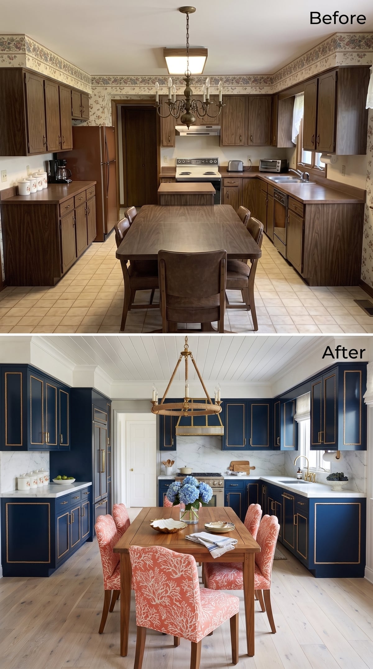 Navy Cabinets, Brass Trim, and Coral Chairs Rewrote This Kitchen From the Floor Up