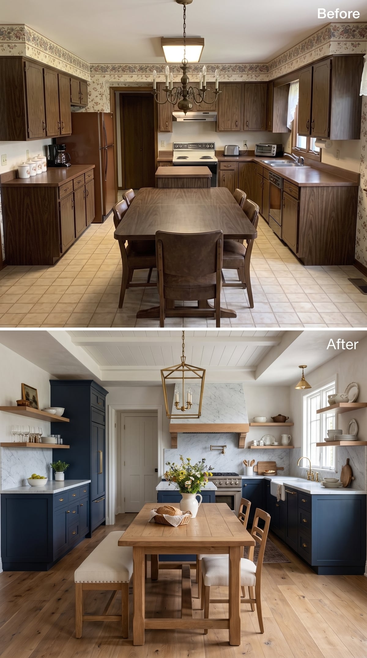 Navy Cabinets, Marble Backsplash, and a Brass Lantern Found Their Footing Here