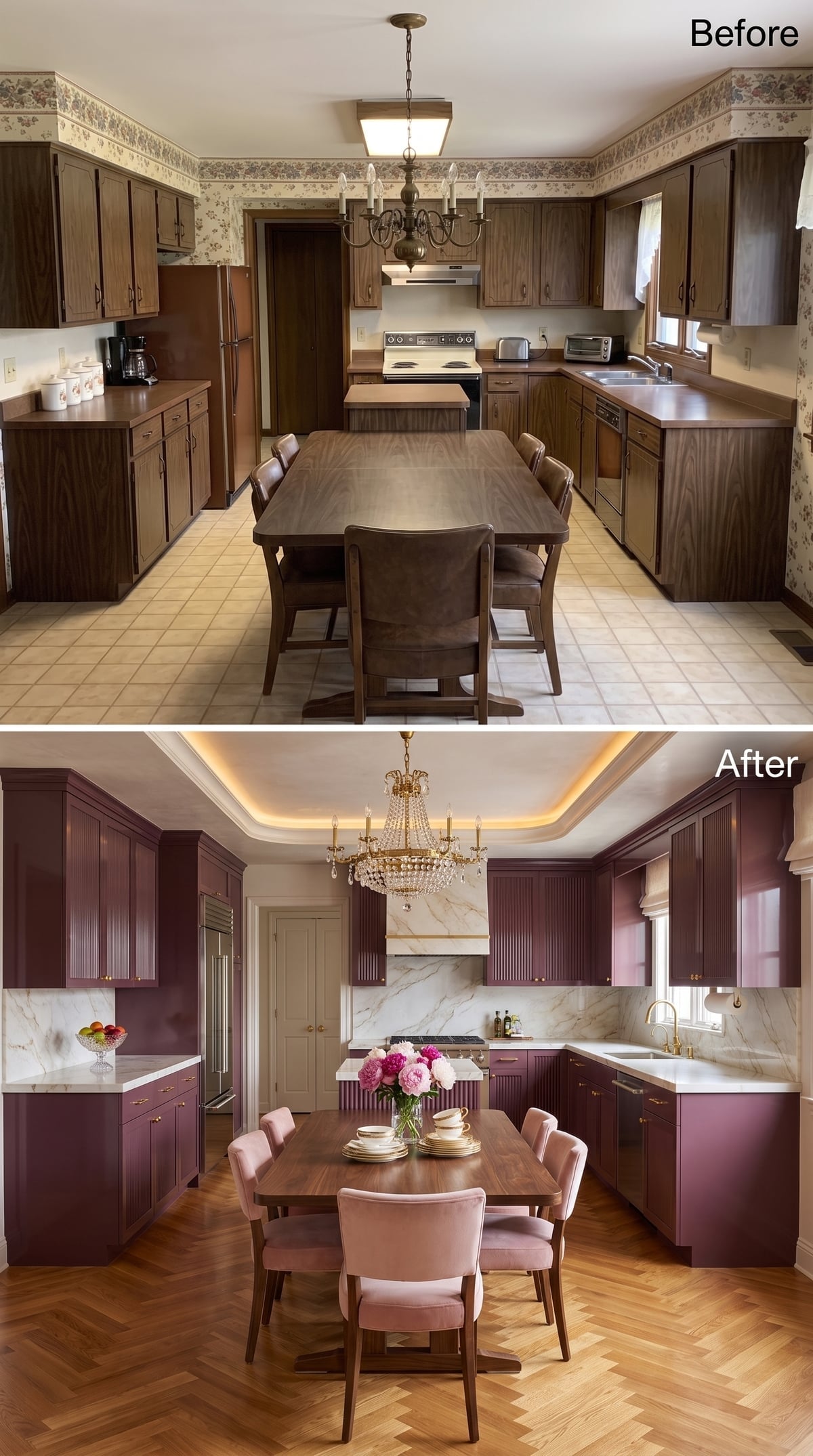 Plum Cabinets, Herringbone Parquet, and a Crystal Chandelier Made This Kitchen Unapologetic