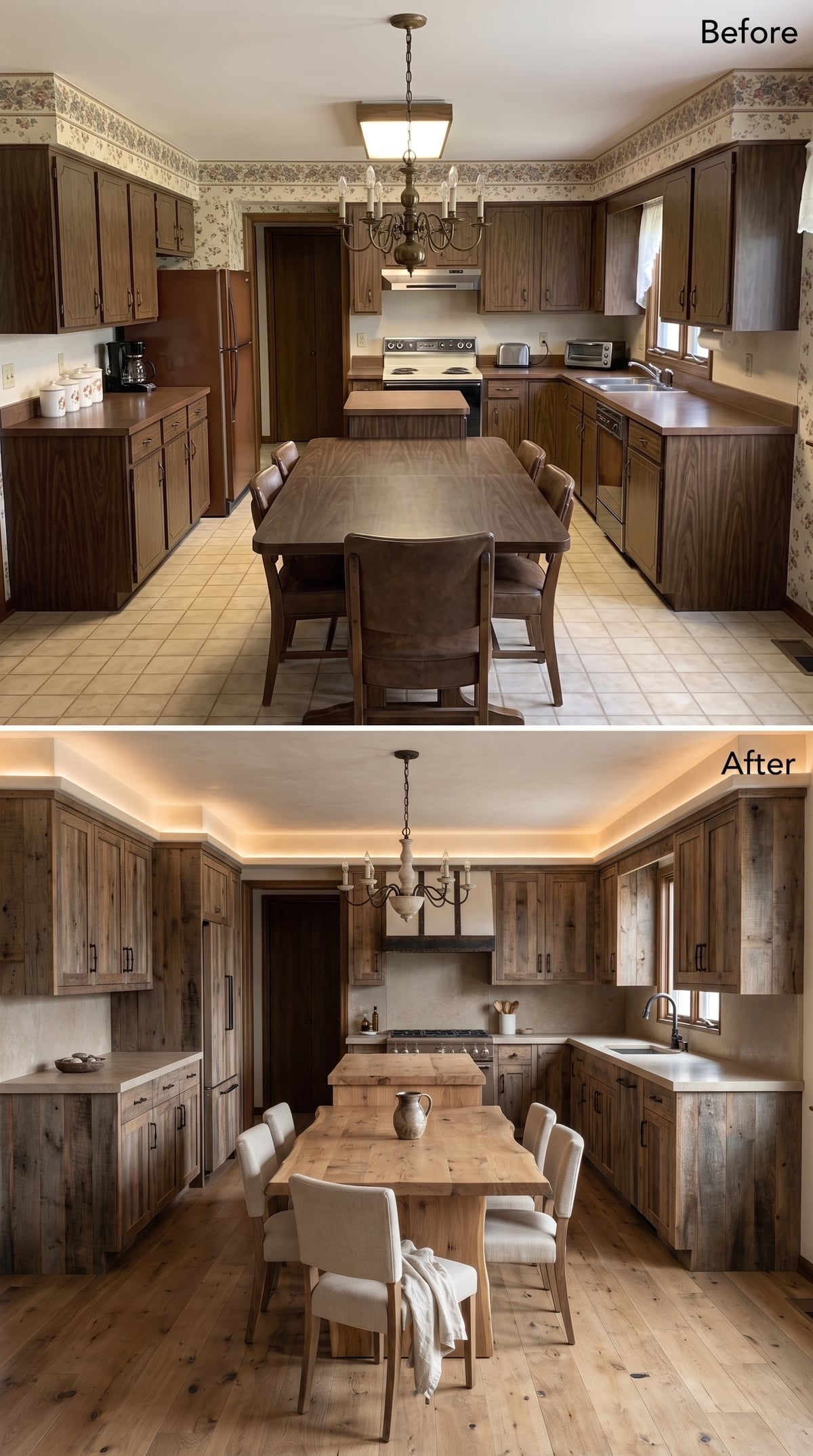 Reclaimed Wood Cabinets, Cove Lighting, and Linen Chairs Gave This Kitchen Its Quiet Authority