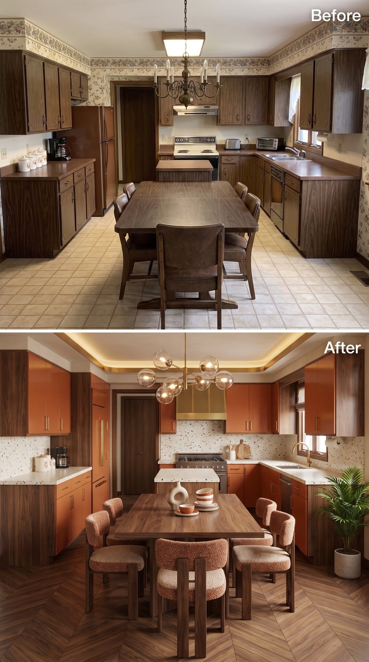 Rust Orange Cabinets, Terrazzo Counters, and Bouclé Chairs Landed This Kitchen in a Different Decade
