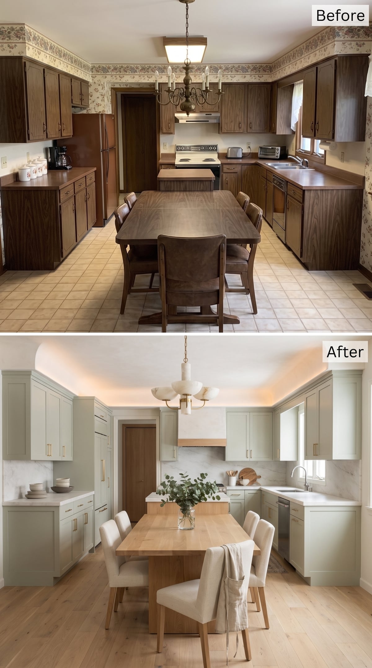 Sage Cabinets, Quartzite Counters, and Warm Cove Lighting Gave This Kitchen Somewhere to Breathe