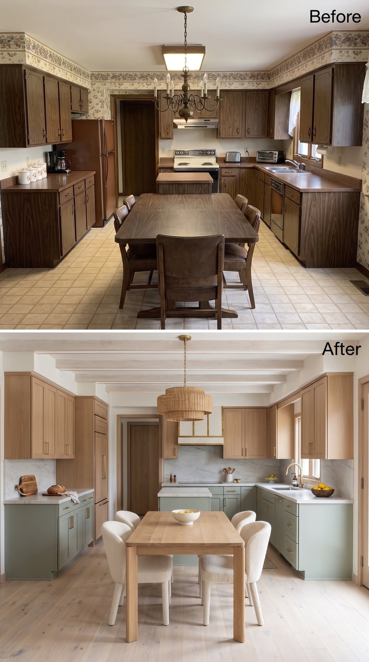 Sage Lowers, Bare Oak Uppers, and a Rattan Pendant Rewrote the Whole Room