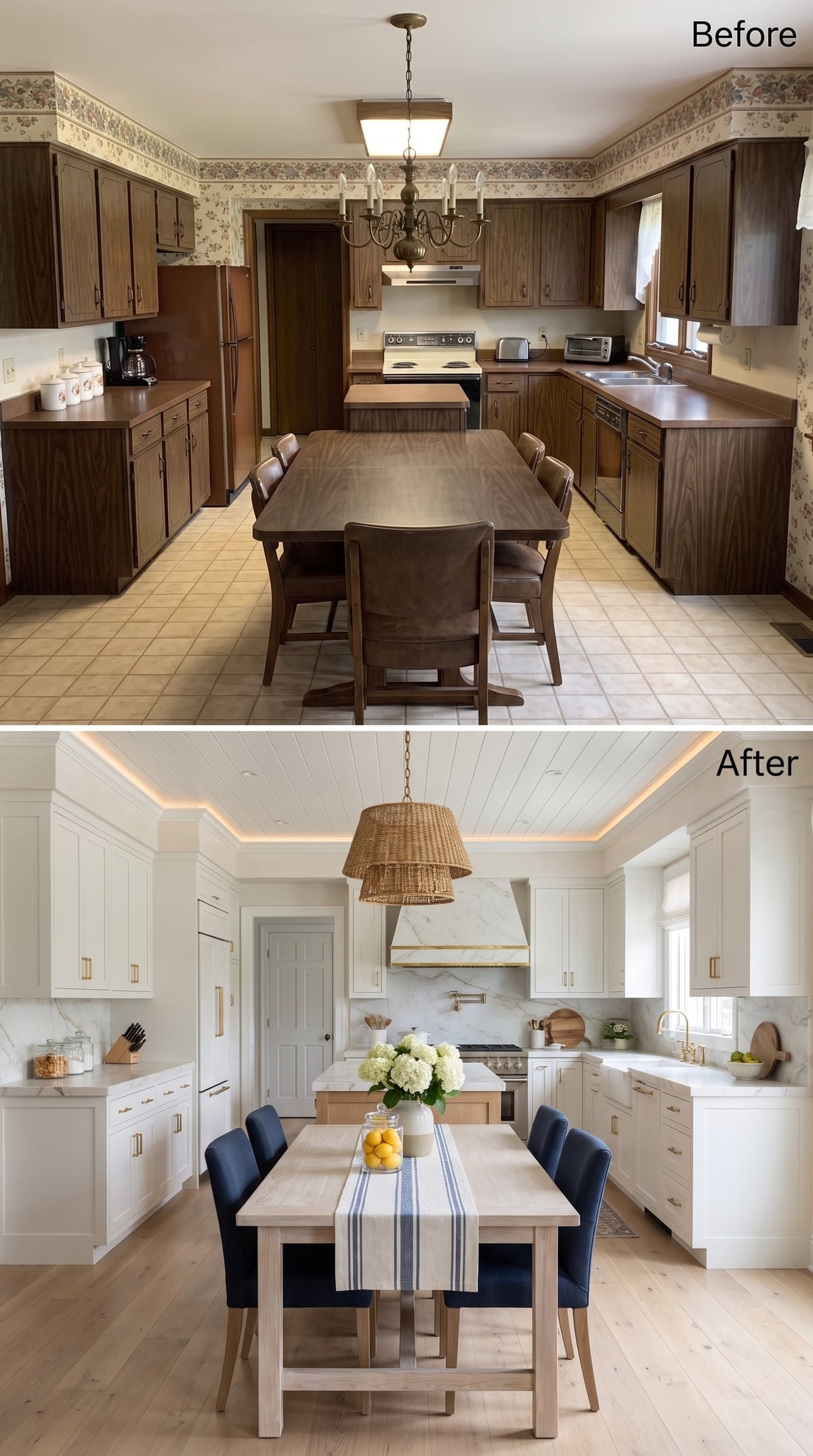 Shiplap Ceiling, Brass Hardware, and Navy Chairs Gave This Kitchen a New Vocabulary