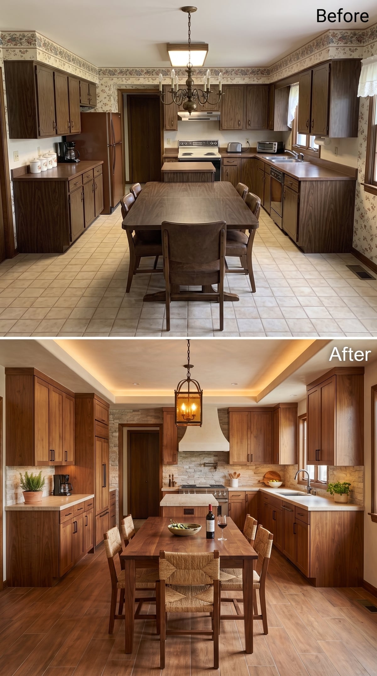 Stacked Stone Backsplash, Cove Lighting, and Woven Chairs Gave This Kitchen Real Texture