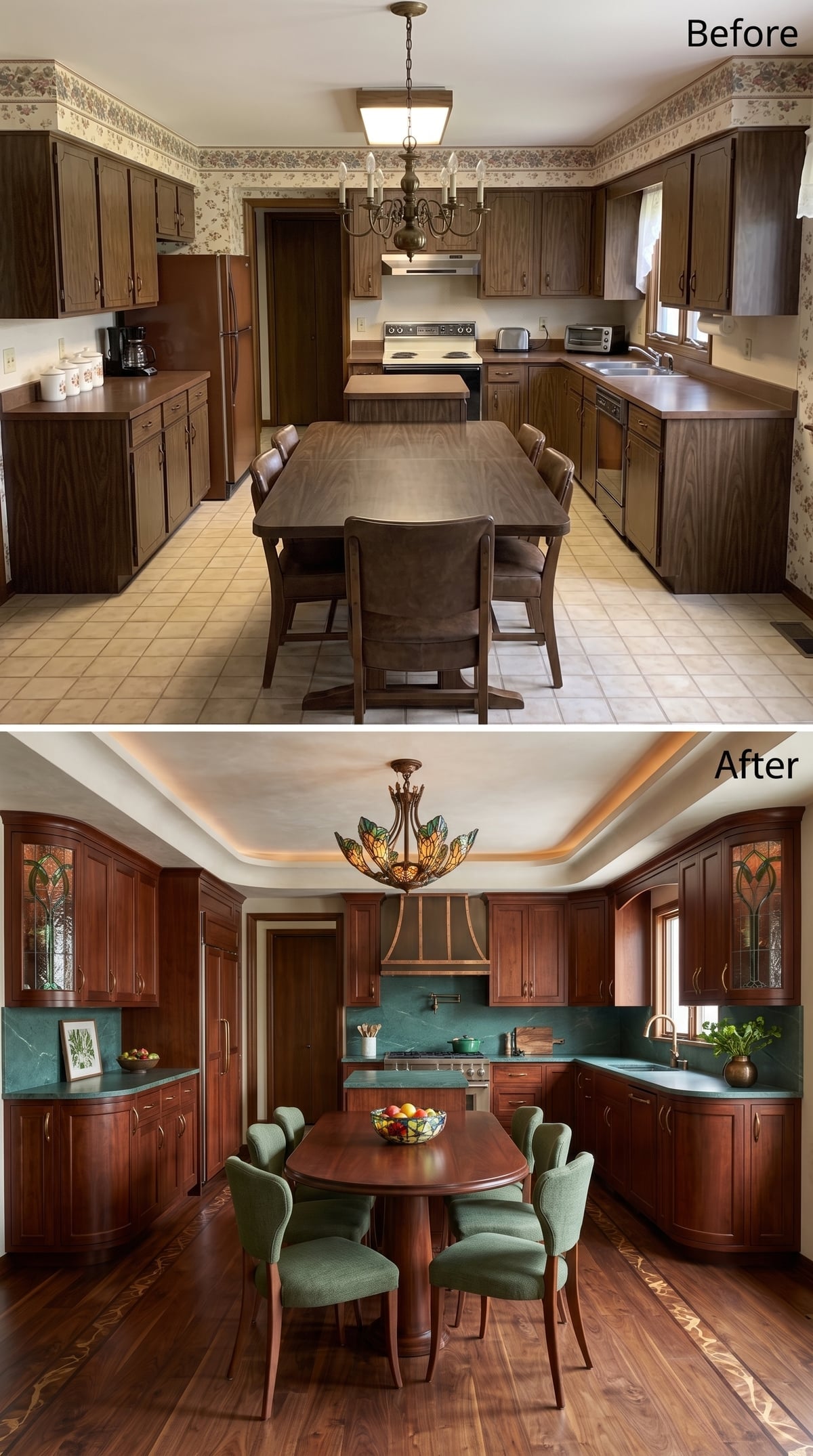 Stained Glass Inserts, Teal Stone Counters, and a Tiffany Pendant Earned Every Inch