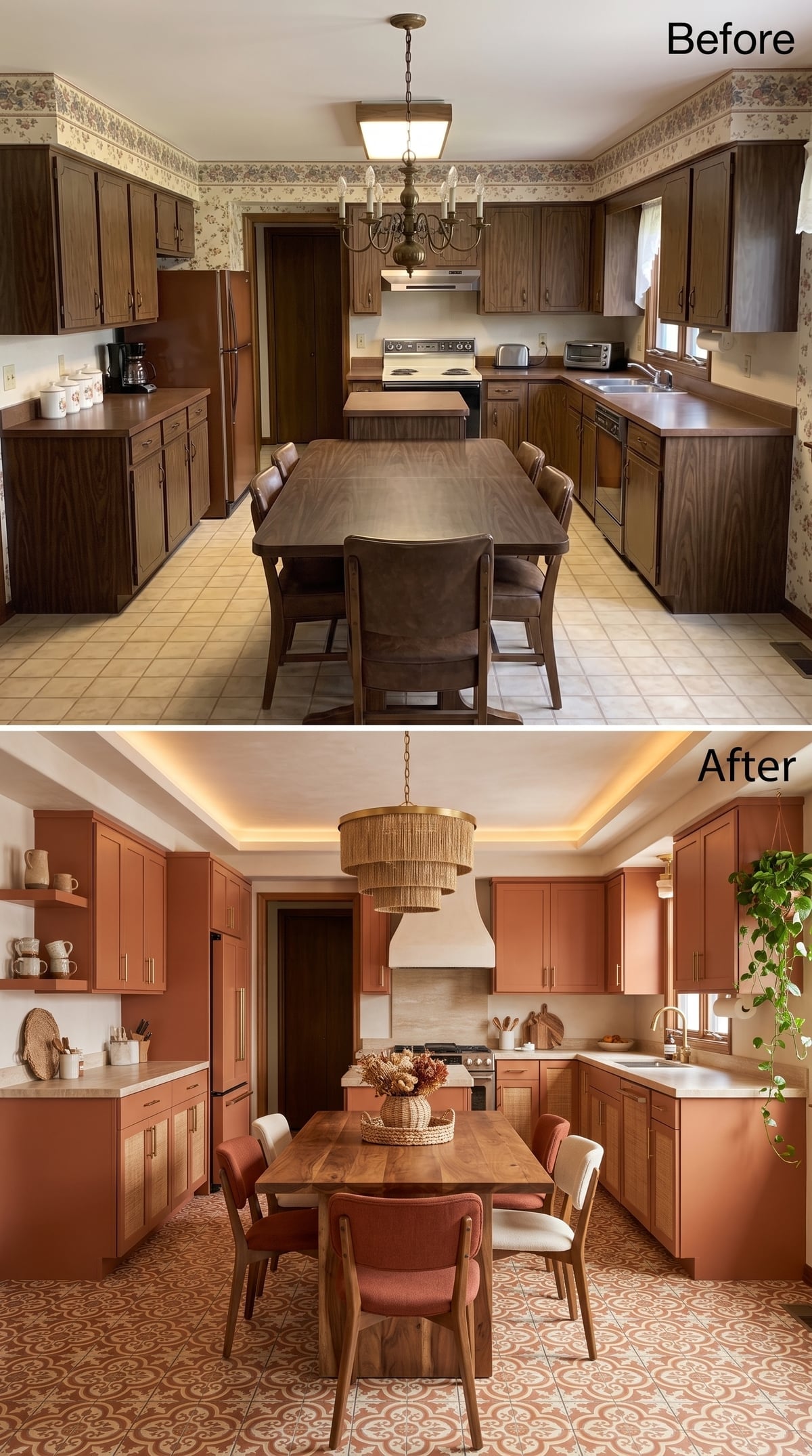 Terracotta Cabinets, Patterned Cement Tile, and Cove Lighting Gave This Kitchen a Pulse