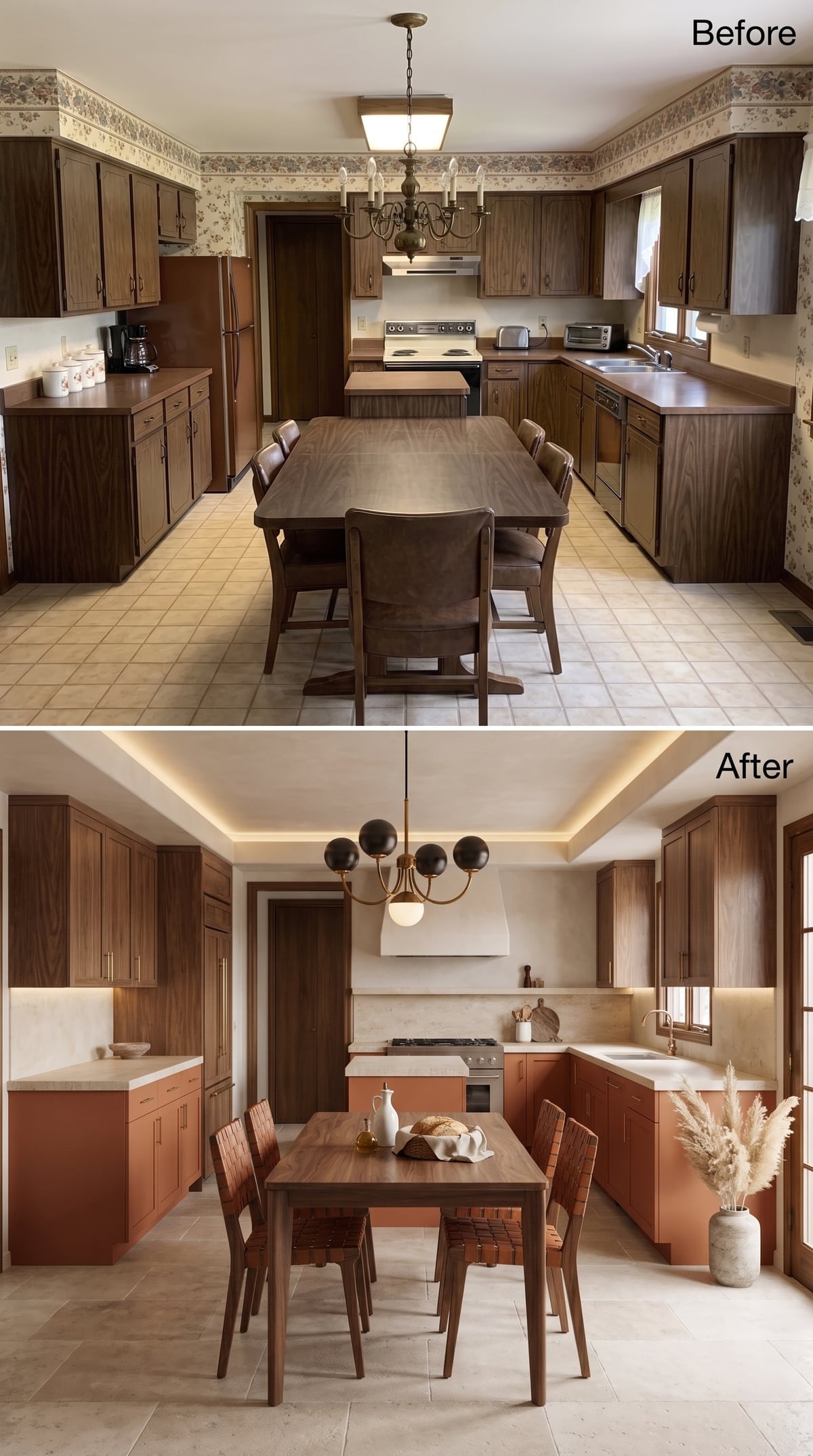 Terracotta Lowers, Warm Walnut Uppers, and Cove Lighting Pulled This Kitchen Into a New Era