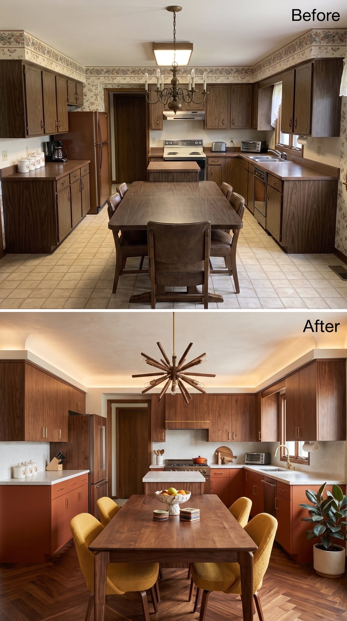 Walnut Herringbone, a Sputnik Fixture, and Terracotta Lowers Pulled This Kitchen Into Focus