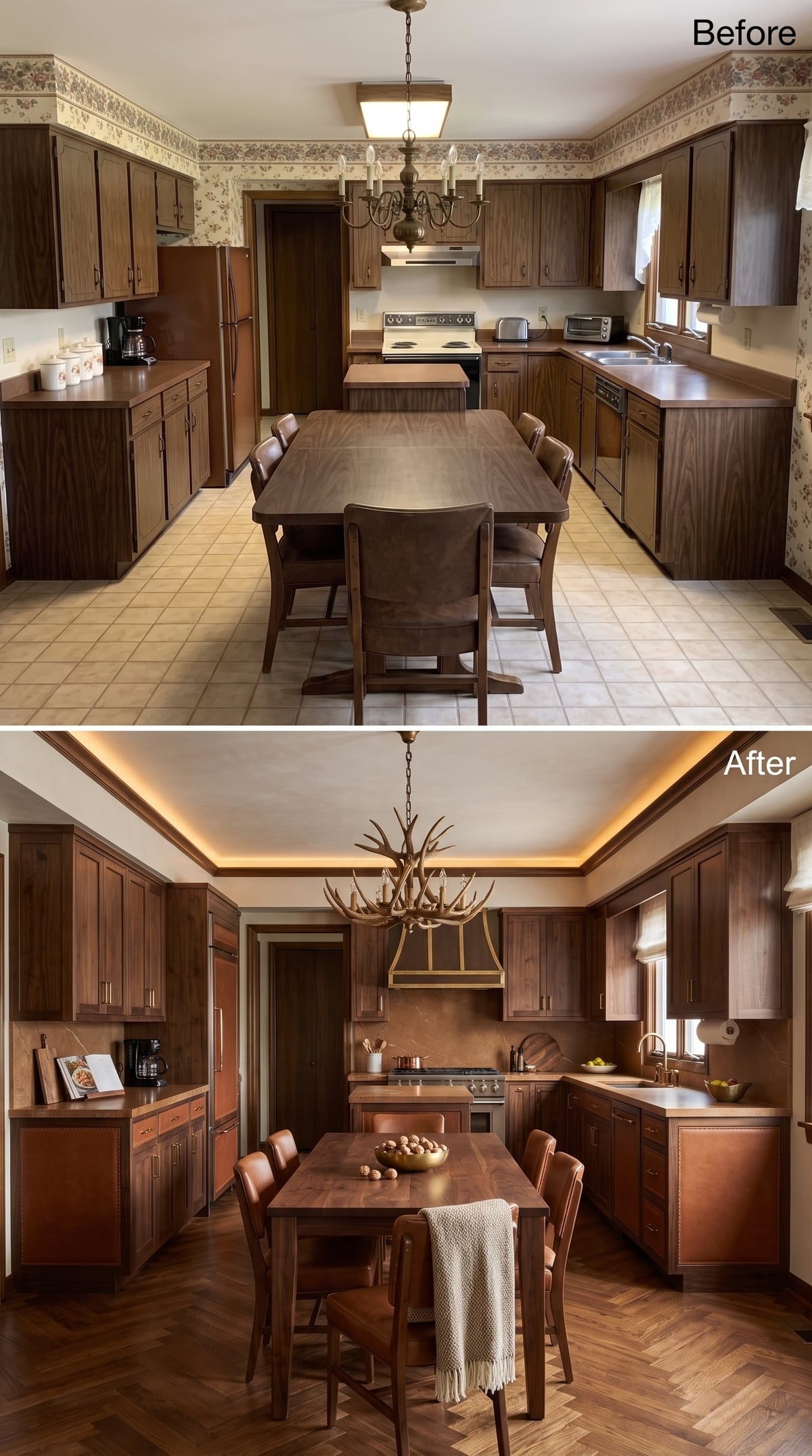 Walnut Parquet, an Antler Chandelier, and Cove Lighting Gave This Kitchen Real Warmth