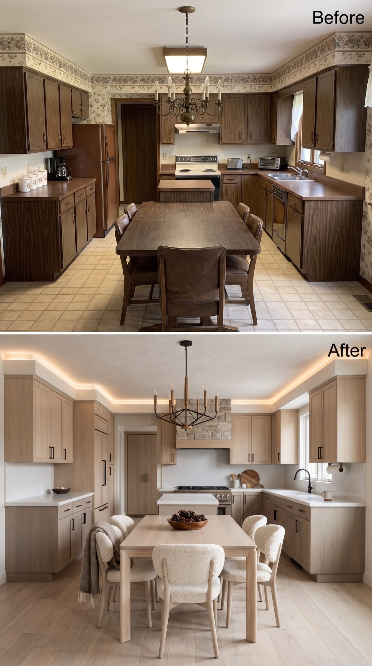 White Oak Cabinets, Bouclé Chairs, and Cove Lighting Made Quiet Look Expensive