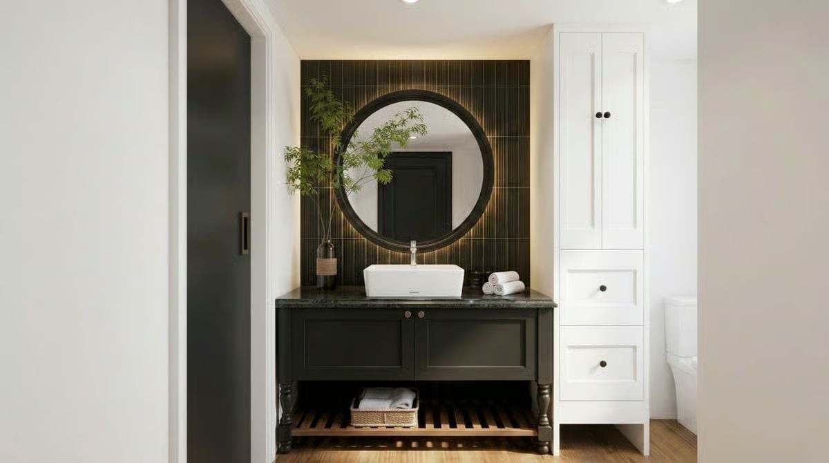 Backlit Round Mirror, Vessel Sink, and Dark Tile That Pull Their Weight