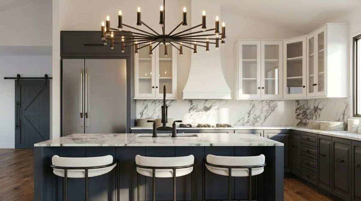 Marble, Matte Black, and a Chandelier That Owns the Room