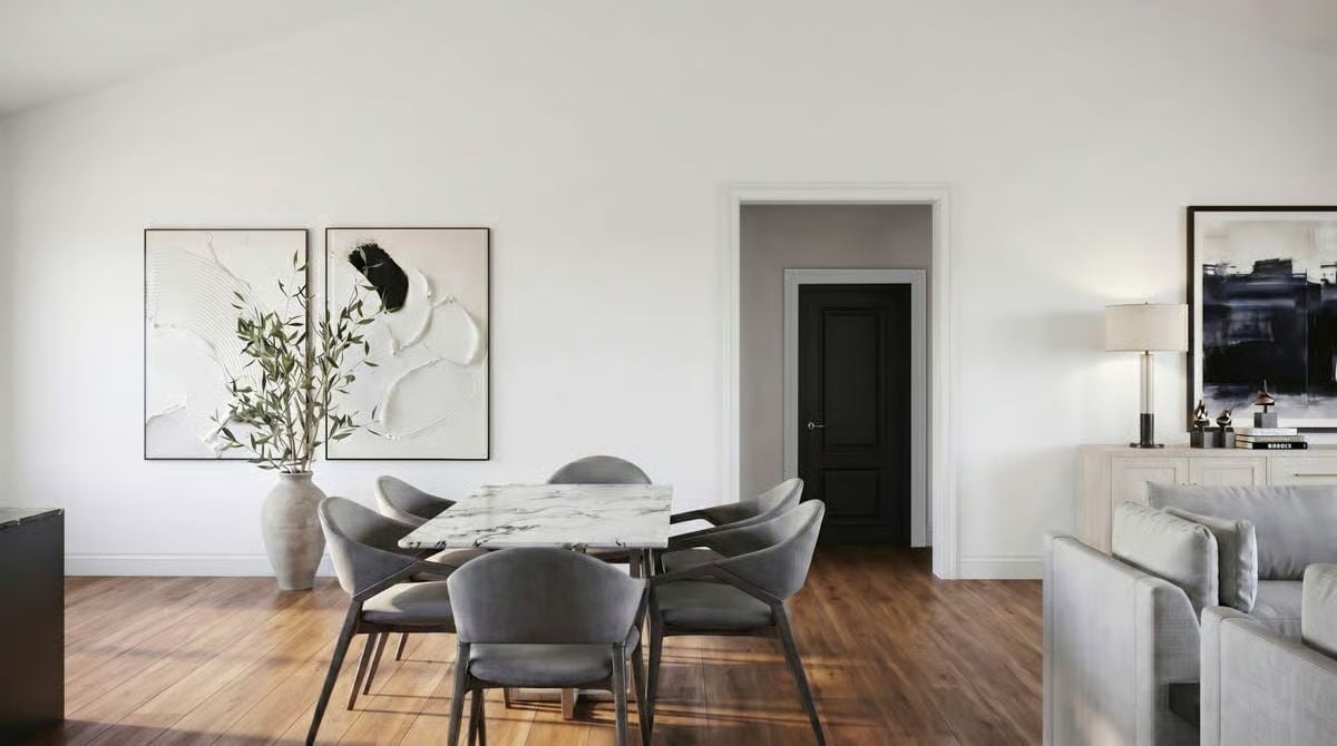 Marble Table, Gray Chairs, and a Black Door That Pulls Everything Together