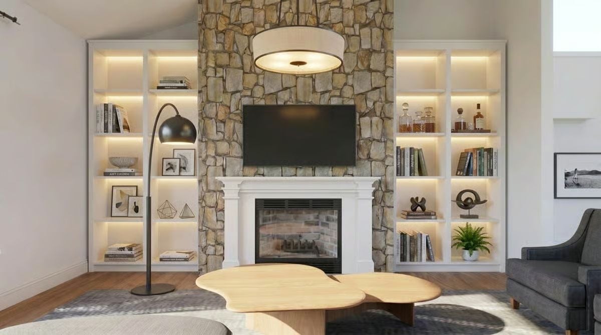 Stone Wall, Built-Ins, and a Fireplace That Does All the Heavy Lifting