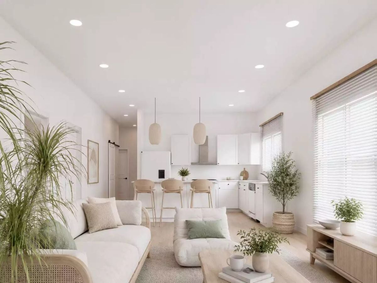Recessed Lights, Rattan Pendants, and a Kitchen That Doesn't Hide