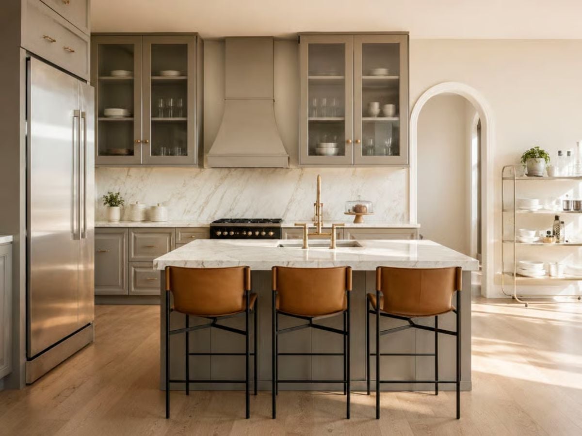 Greige Cabinets and a Brass Bridge Faucet Set the Tone Before You Even Cook Anything