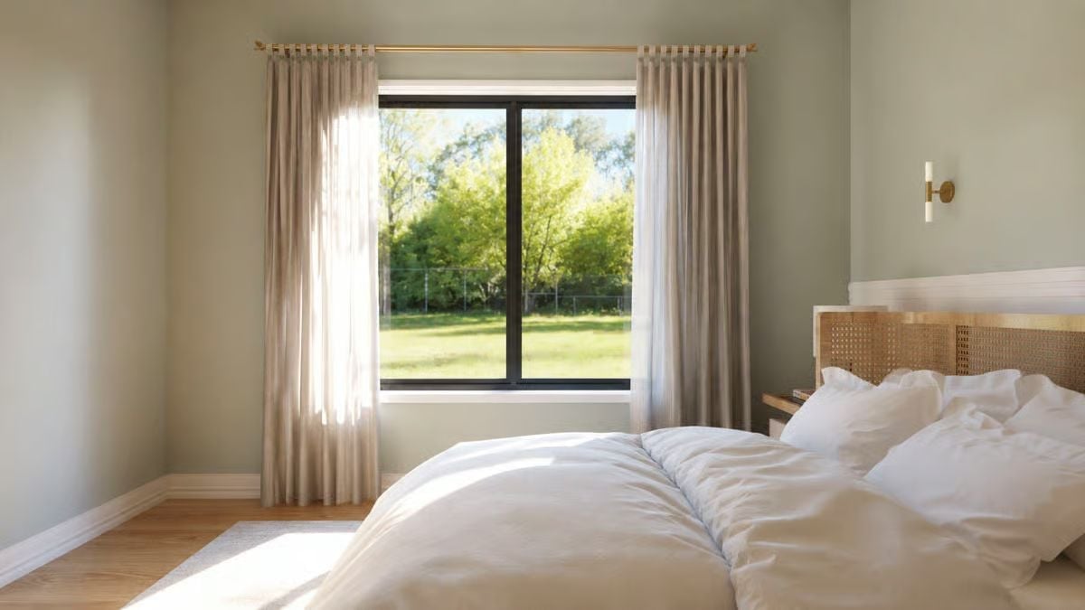 Sage Walls and a Rattan Headboard Make Morning Light Feel Like It Was Planned This Way