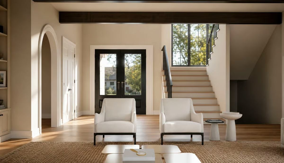 Warm Neutrals and Dark Steel Do the Heavy Lifting in This Entry