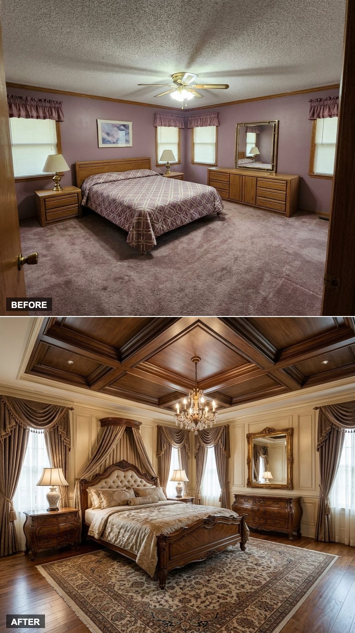A Coffered Ceiling and Custom Millwork Lend the Bedroom European Manor Presence