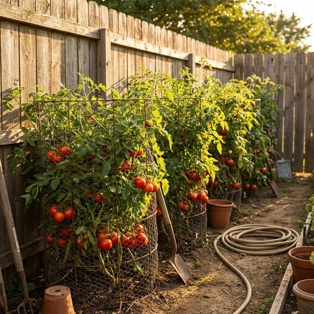The Tomato Plants in Their Chicken-Wire Cages at the Edge of the Yard
