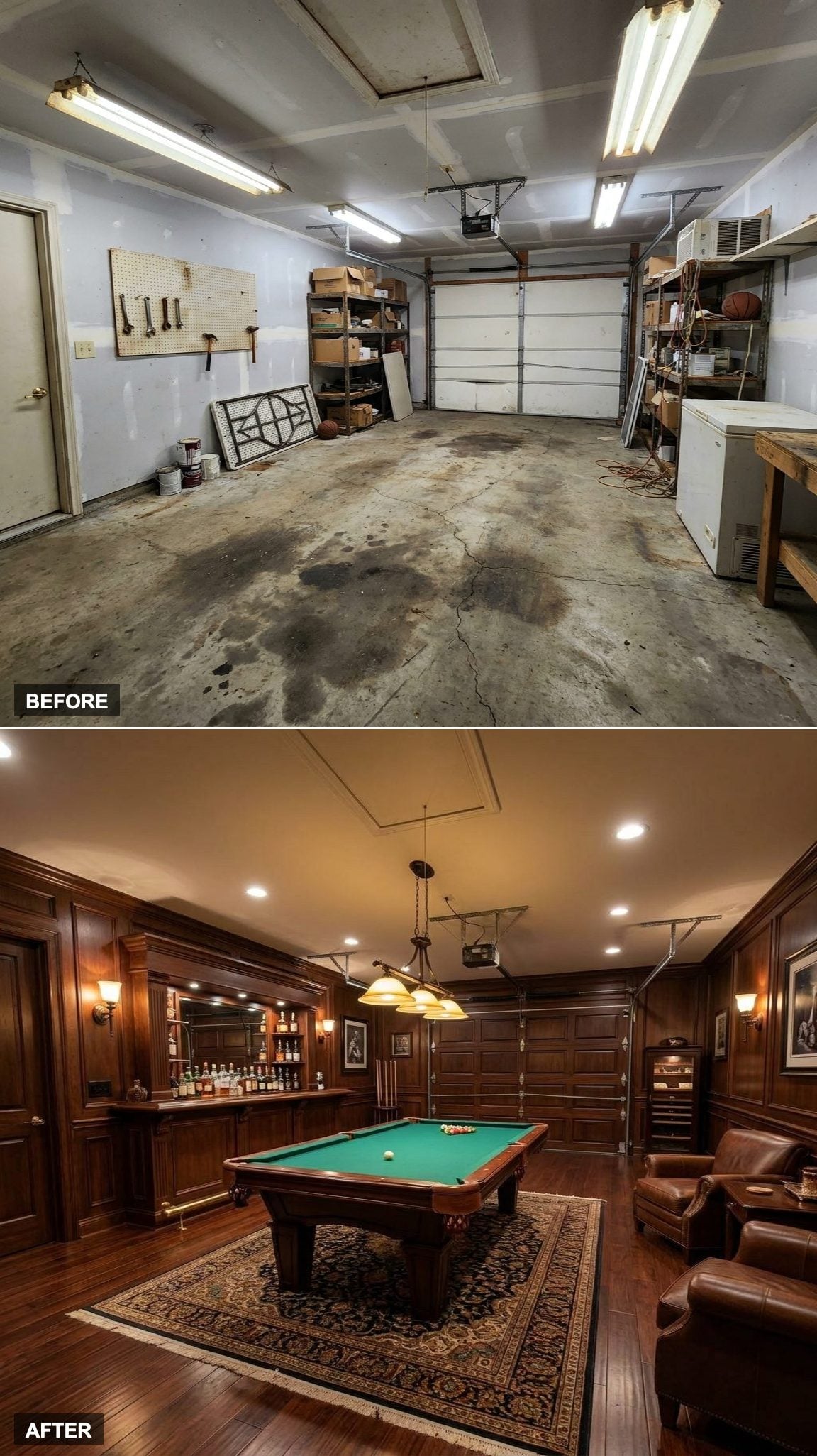 Tournament Pool Table, Built-In Bar, and Cigar Lounge Seating in a Garage-Turned-Billiards Hall